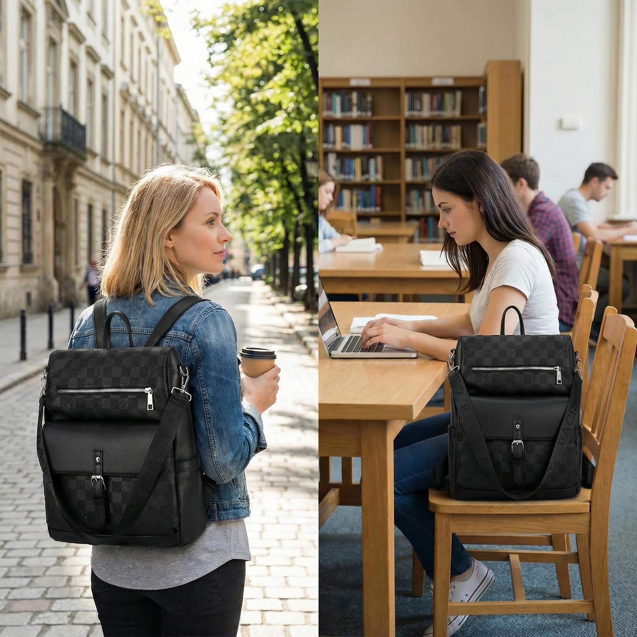 Zaino Donna Grande Capacità in Pelle PU Martellata con Motivo a Scacchi, Borsa Zainetto Multifunzionale con Tracolla Rimovibile, Zaino Moda per Università e City Walk,Nero
