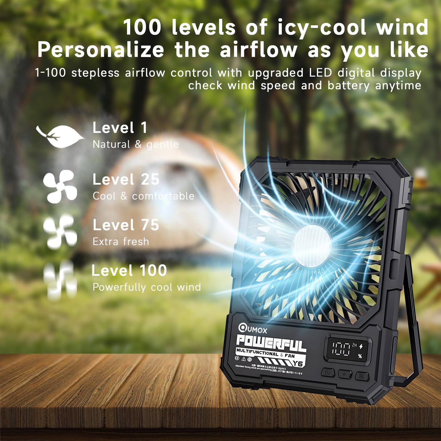 QUMOX Y6 Ventilador de Camping Recargable con Luz LED, Negro | Batería 20000mAh, Mando a Distancia, 4 Velocidades y 4 Modos de Luz, Temporizador 2/4/6H