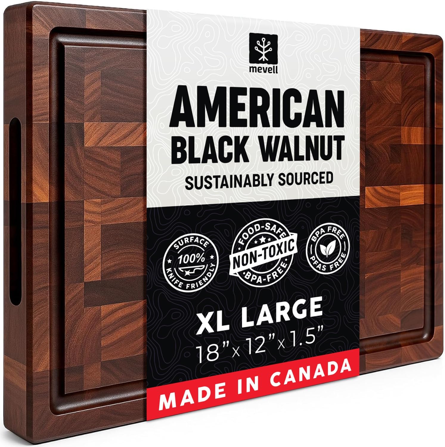 Walnut Wood Cutting Board for Kitchen, Reversible Wooden Chopping Board With Juice Grooves, Made in Canada (Walnut, 18x12x1.5)