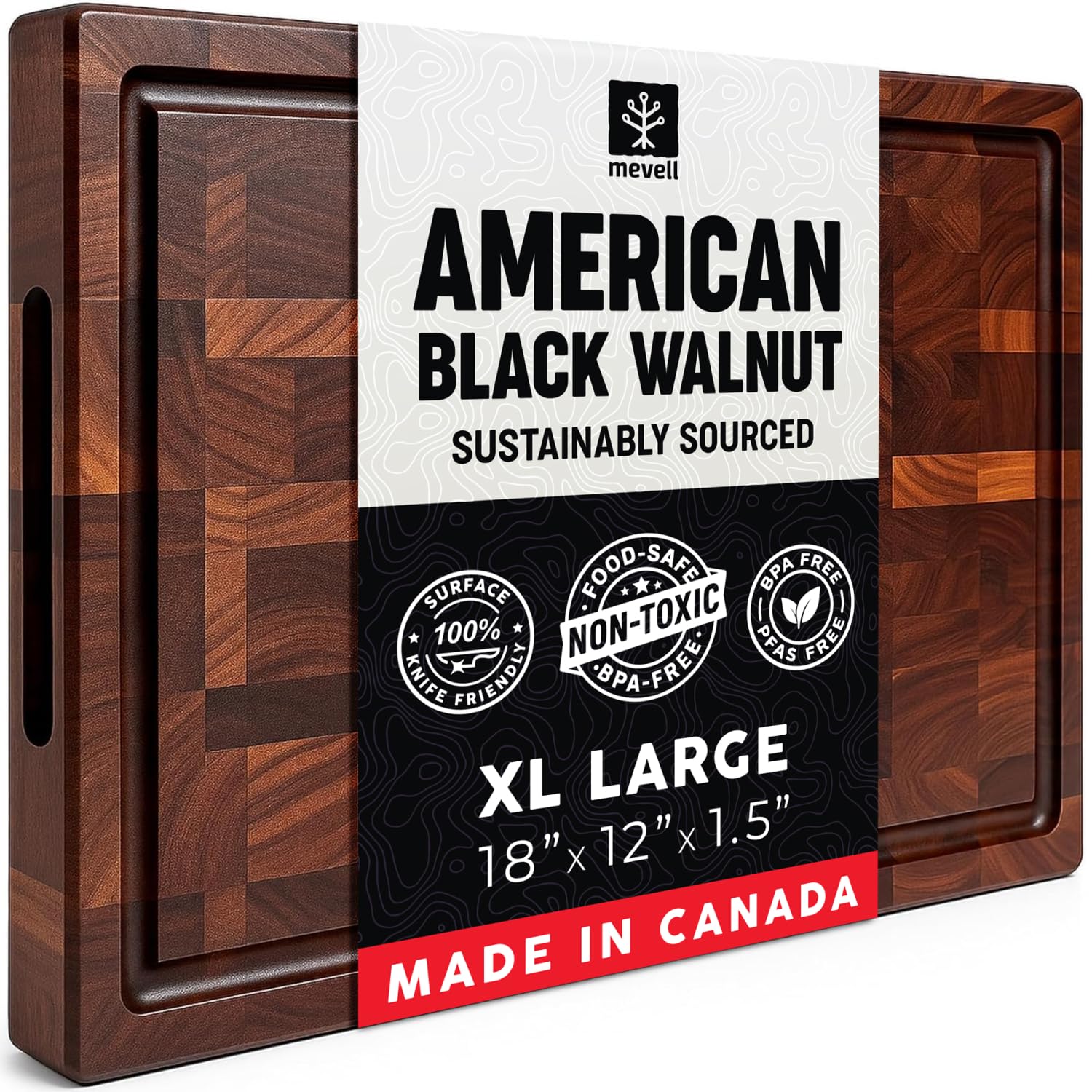 Mevell Walnut Wood Cutting Board for Kitchen Reversible Wood Cutting Board with Juice Groove Made in Canada (Walnut, 18x12x1.5)