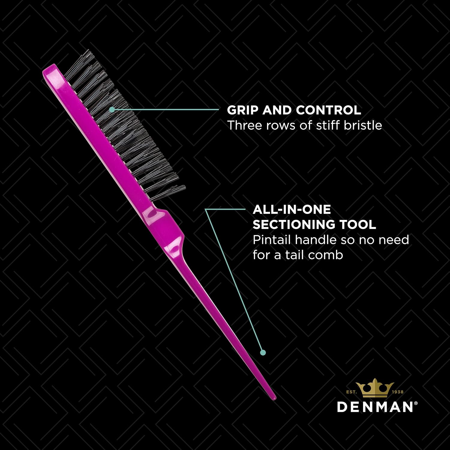 Denman (Purple) Backcomber for Teasing, Smoothing & Up Do - Three Rows of Stiff Bristle - Use on Wigs and Hair Extensions, D91