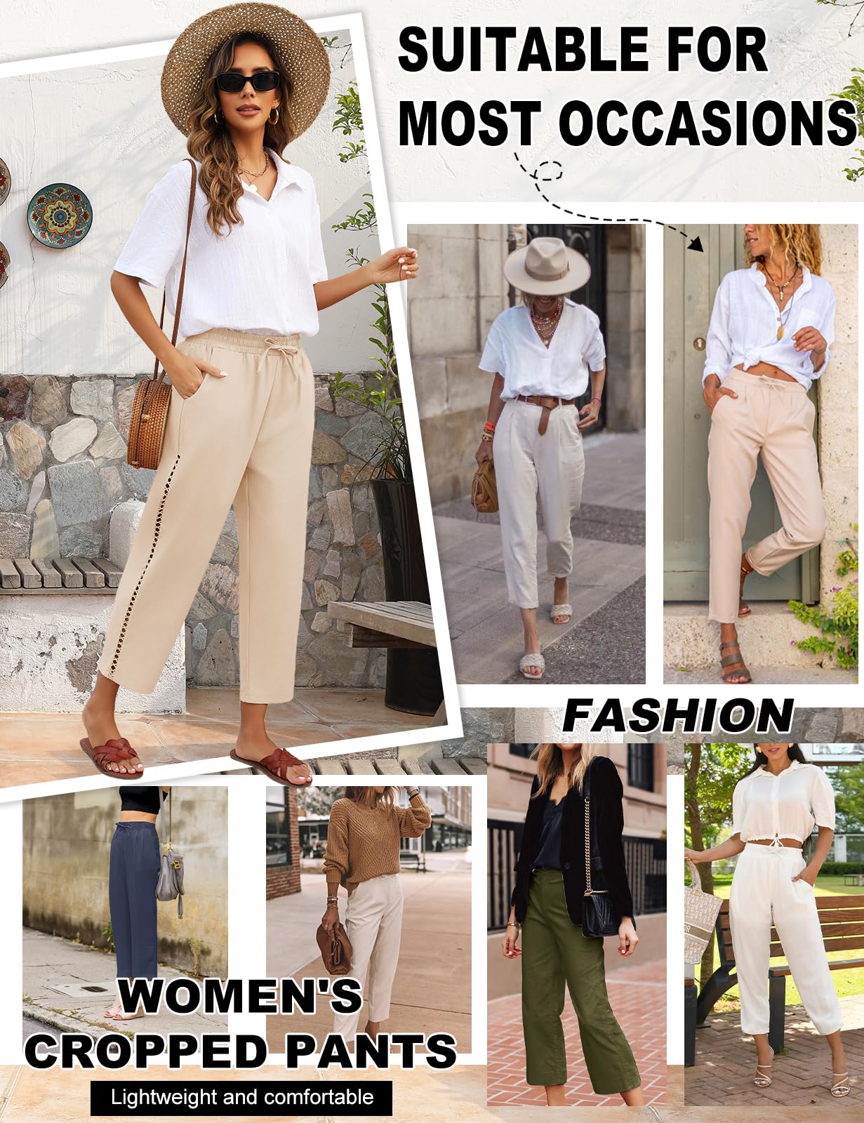 Pantalones Mujer Verano de Lino Elástico Cintura Suelta Cómodo Ligero con Bolsillos Cordón