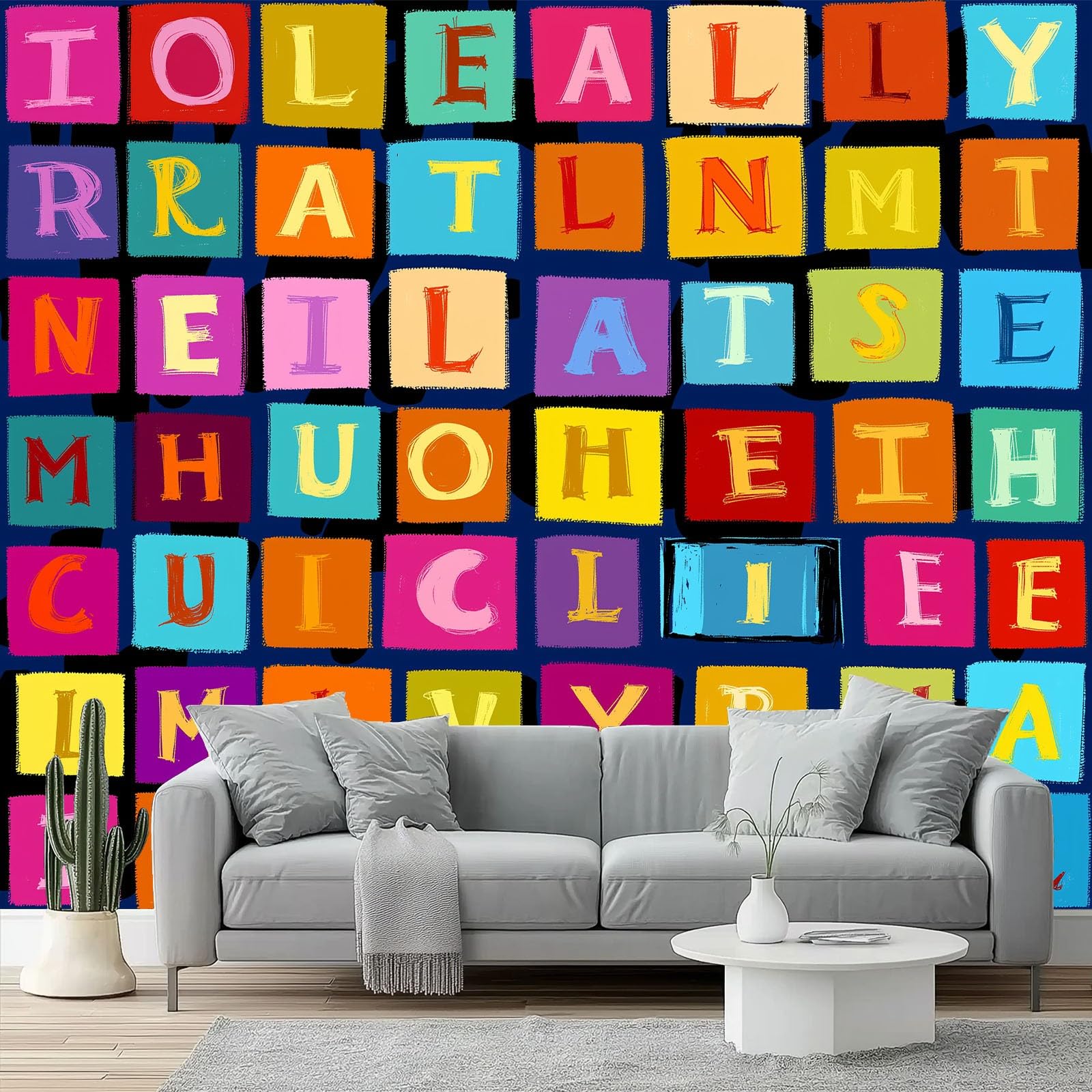 Mural de pared infantil con letras y cuadrados para decorar una sala de estar moderna