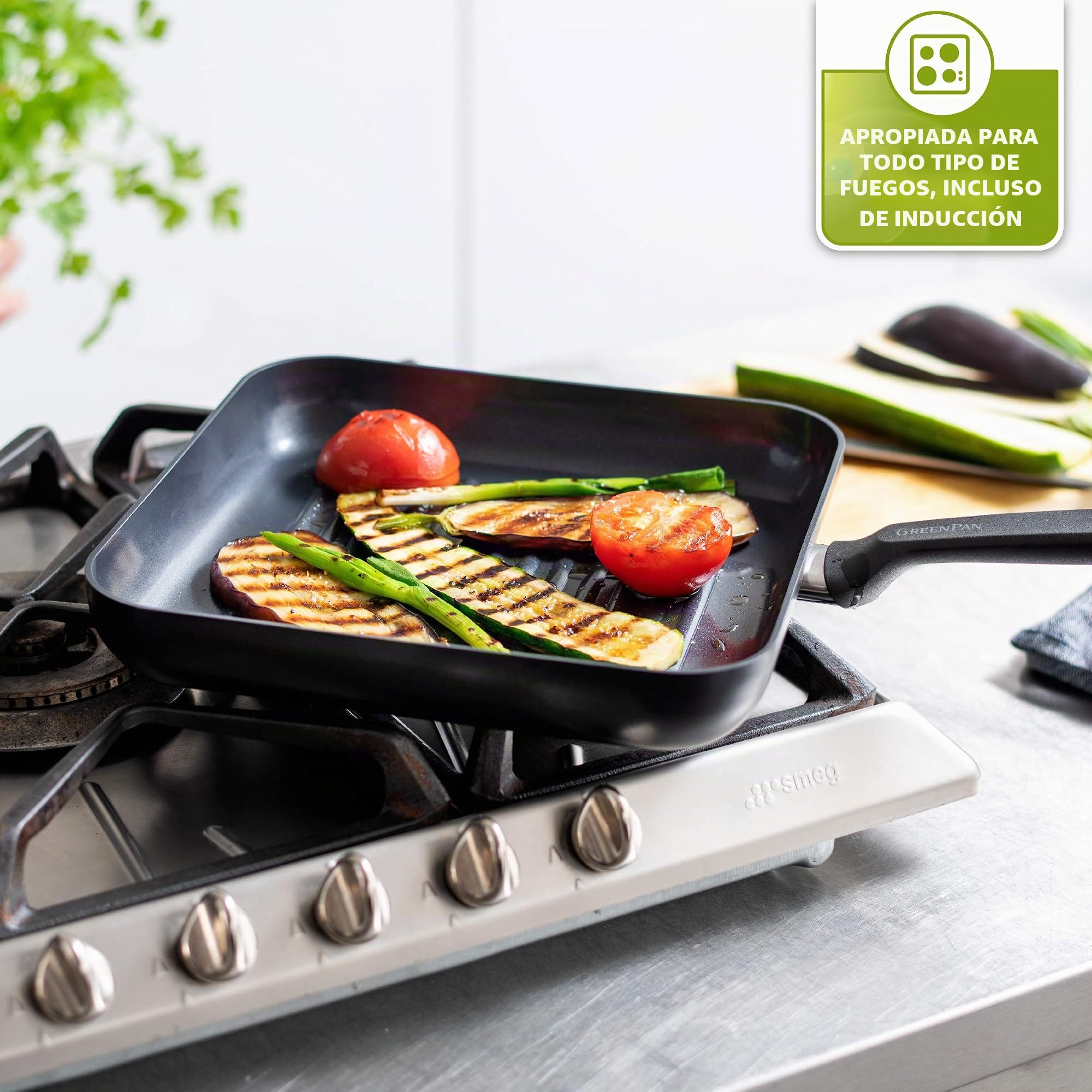 GreenPan Memphis Grill Antiadherente de Aluminio con Revestimiento de Cerámica, Apto para Todo Tipo de Cocinas, Inducción, Horno y Lavavajillas, 28 cm, Negro
