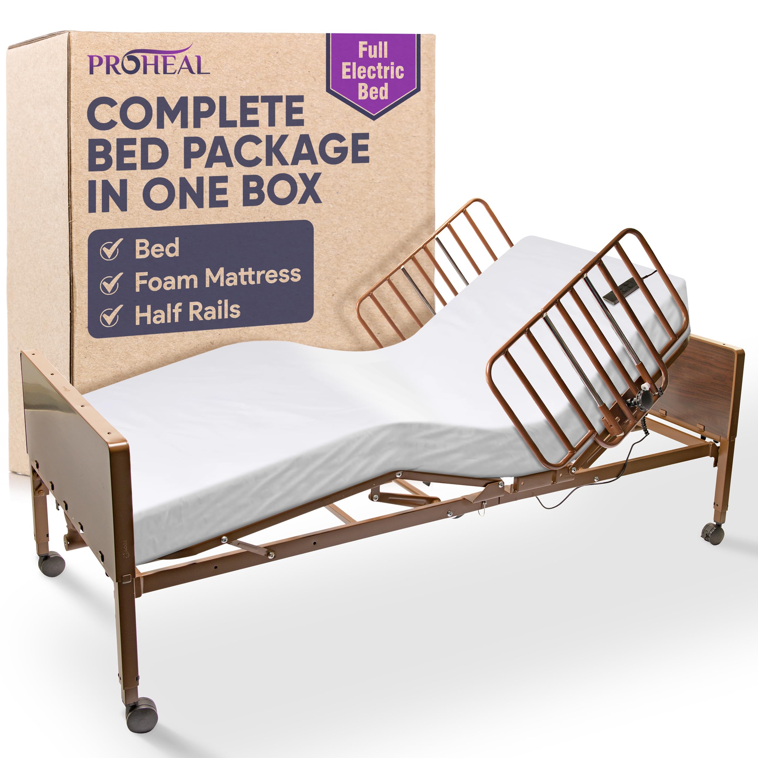 ProHeal Full Electric Hospital Bed Package for Home Use and Seniors - with Foam Mattress, Half Rails - Multi Function Adjustable Medical Bed - One Box
