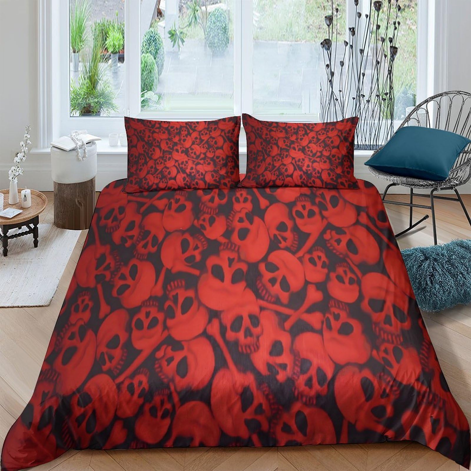 P5V6M1Q9 3D Printed Red Skull Duvet Cover Microfiber Soft Breathable Gothic Skeleton Bedding Set with 2 Pillowcases for Bedroom Decor Single（135x200cm）