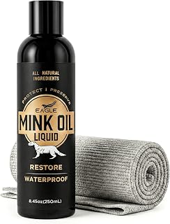 Eagle Mink Oil Liquid Leather Conditioner 8oz with Cloth – Softens, Waterproofs & Preserves Boots, Shoes, Bags, Jackets & Furniture – Natural Leather & Vinyl Conditioner for Long-Lasting Protection