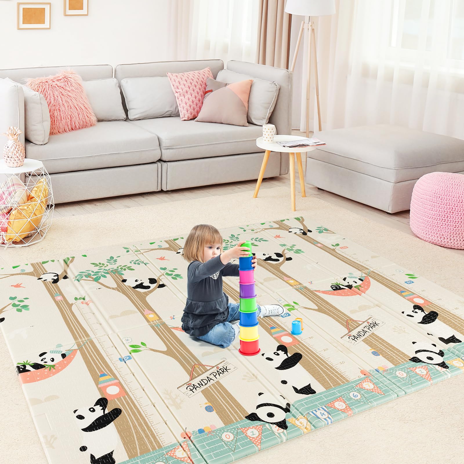 DREAMADE Faltbare Spielmatte Baby, 200 x 180 cm Doppelseiten Spieldecke aus XPE, Krabbelmatte für Indoor & Outdoor, Tragbare Babymatte für Laufstall & Picknick (Panda-Muster)