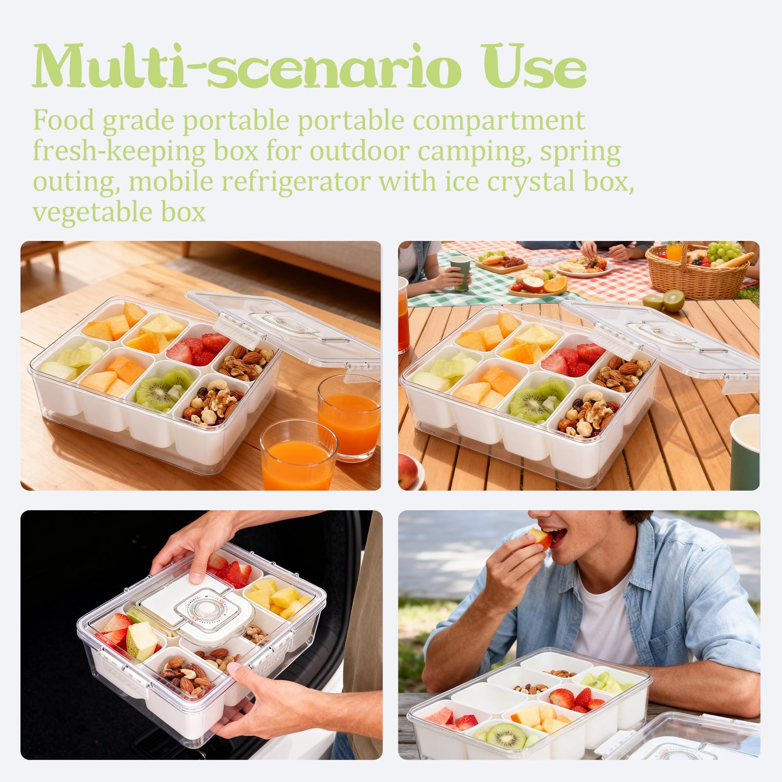 Snack Box con scomparti di raffreddamento – Contenitore frigo portatile con manico per picnic, viaggi e feste all'aperto – Con scomparto per ghiaccio per snack freschi, frutta e verdura