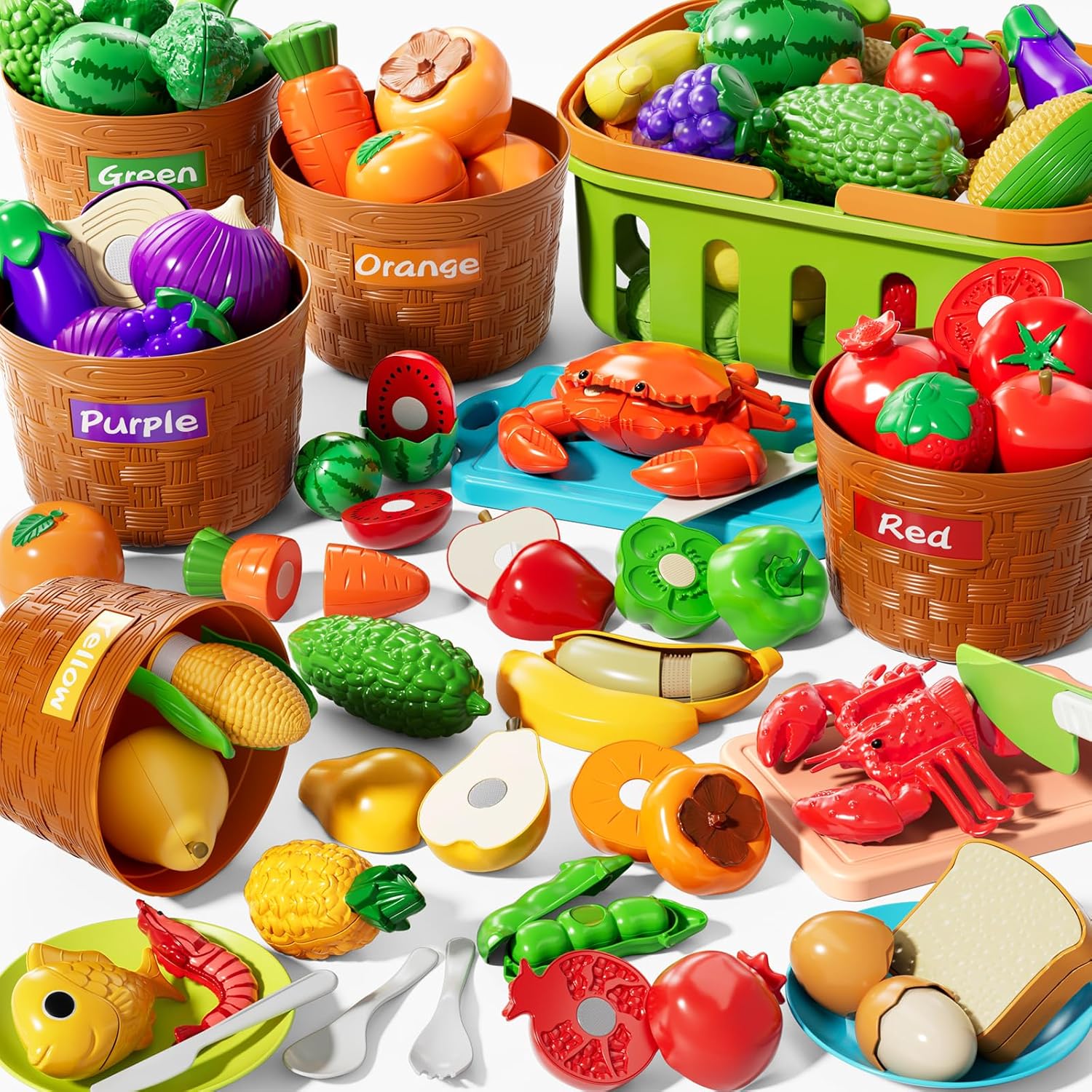 Play Food Set for Kids Kitchen Toddlers 3-5, Cutting Food Color Sorting for Ages 4-8, Fruit Toys, Play Dishes, Preschool Learning Activities, Educational Birthday Gifts for Boys Girls 3-8