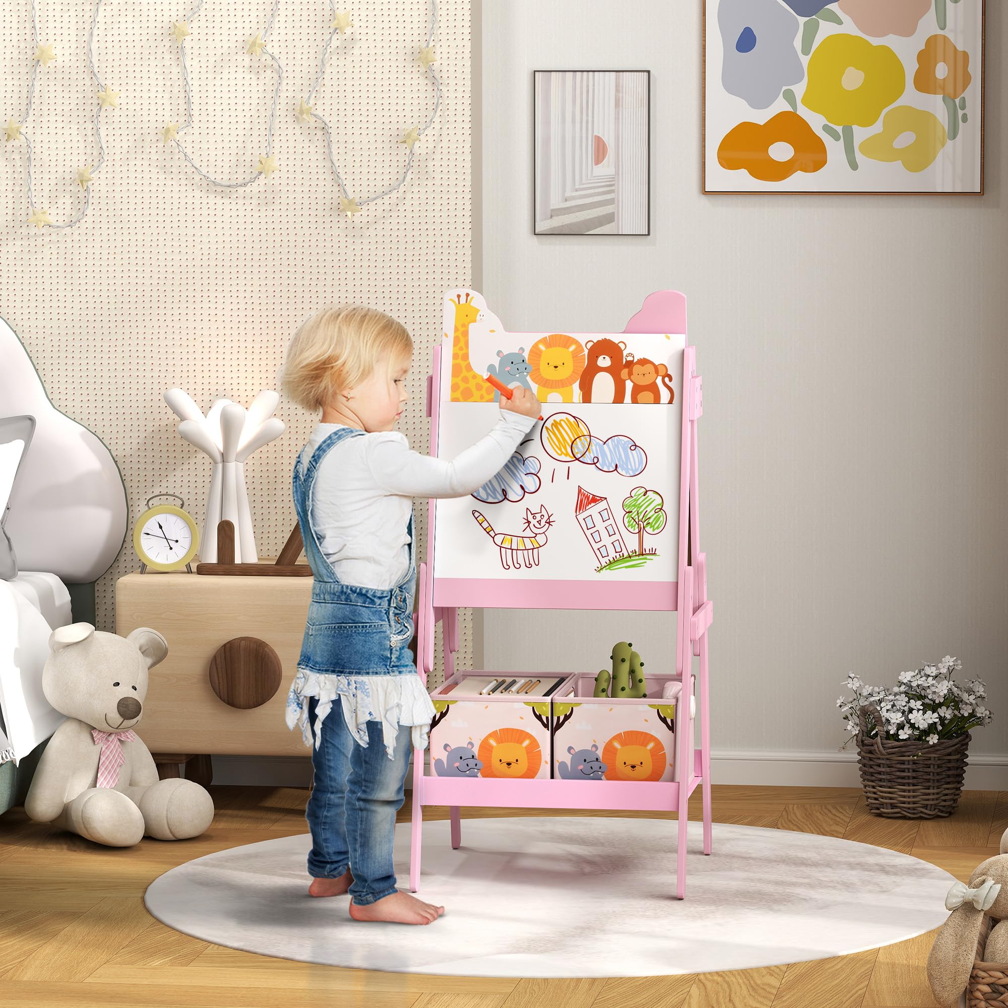 AIYAPLAY Cavalletto Artistico per Bambini 3-8 Anni con Lavagna Bianca, Lavagna Nera e 2 Cestini Contenitori, Cavalletto per Bambini in Legno, 53.5x49x113 cm, Rosa