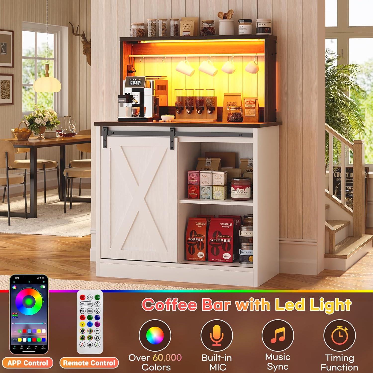 Homieasy Farmhouse Coffee Bar Cabinet with Charging Station & Led Lights, Charming Buffet Cabinet with Hutch, Customizable Storage with Barn Door Style, Perfect for Kitchen, Living Room, Brown/White