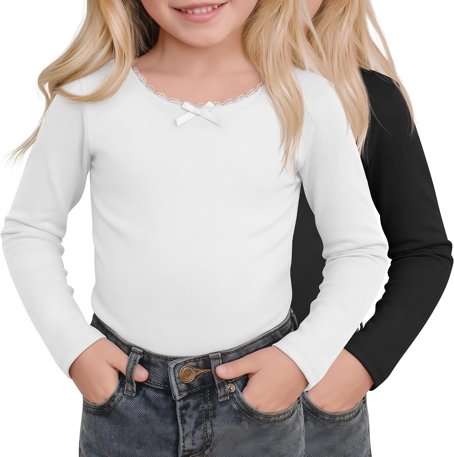 2 Pack Toddler Girl Long Sleeve Shirts Soft Baby Crewneck Basic Tees Casual Bow Tops 18M-5T
