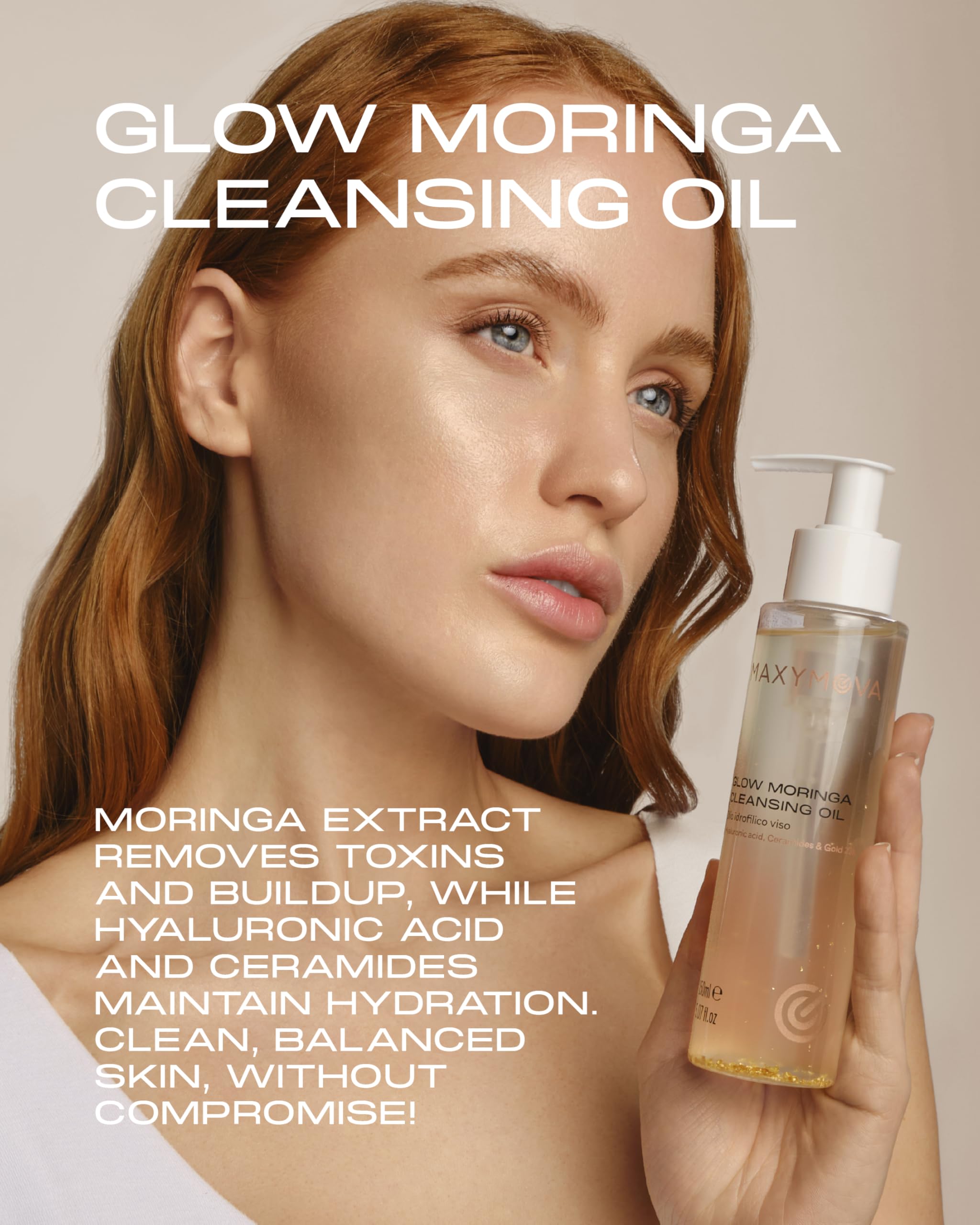 MAXYMOVA Glow Moringa Cleansing Oil – Aceite limpiador hidrófilico con oro de 23 quilates, moringa y ácido hialurónico – Edición Limitada para una piel luminosa e hidratada