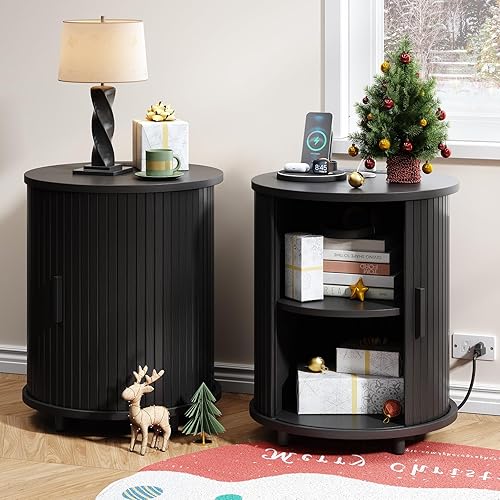 ONBRILL Mesa auxiliar redonda con estación de carga, mesita de noche de mediados de siglo con puerta corredera y almacenamiento de 2 niveles, juego