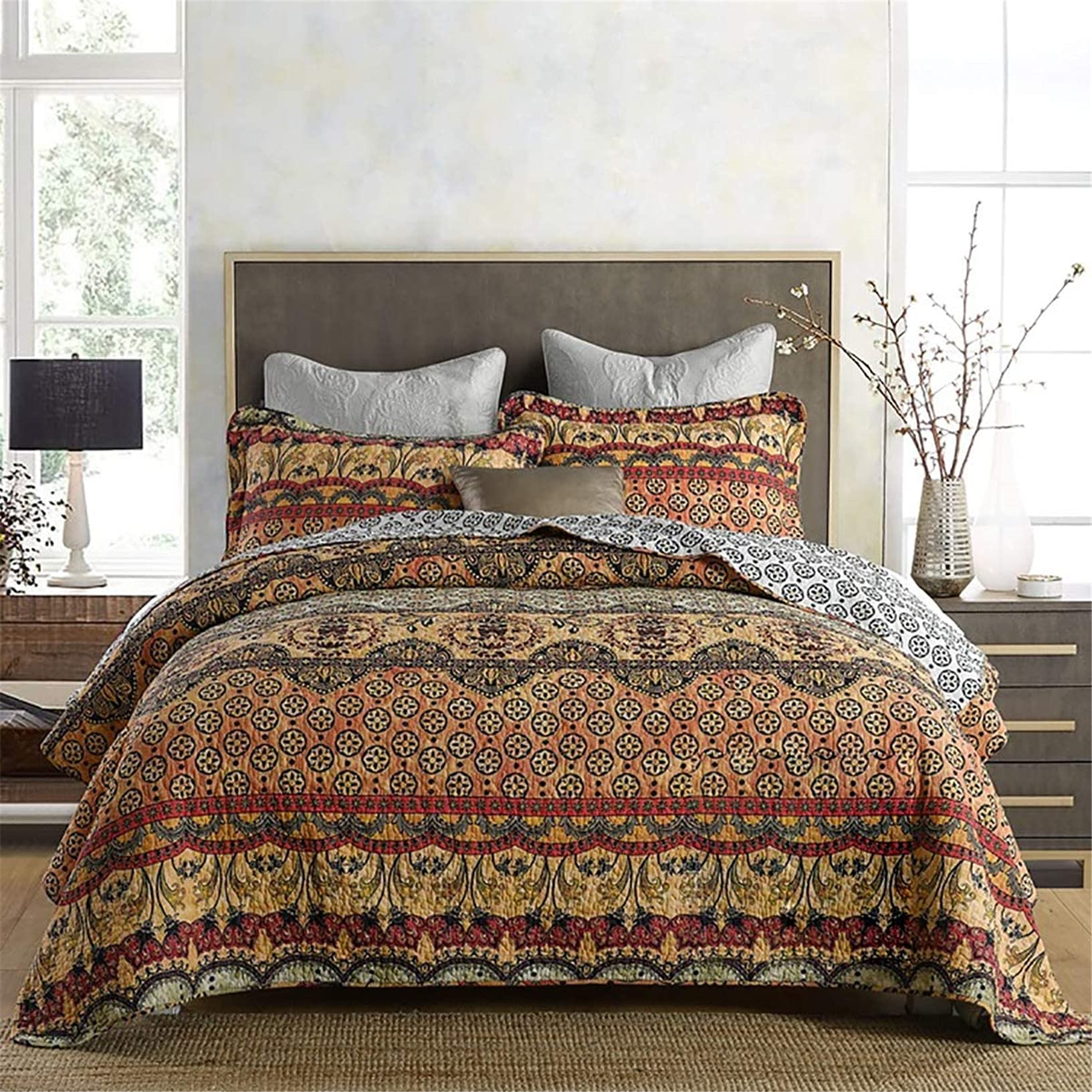 Sjdopulse Vintage Printed Cotton Quilted Quilt Bed Cover, Gorgeous Patchwork Decorative Coverlet Double Size Bedspread Throw Set With 2 Pillowcases Bedding Reversible Coverlet, 230 * 250Cm