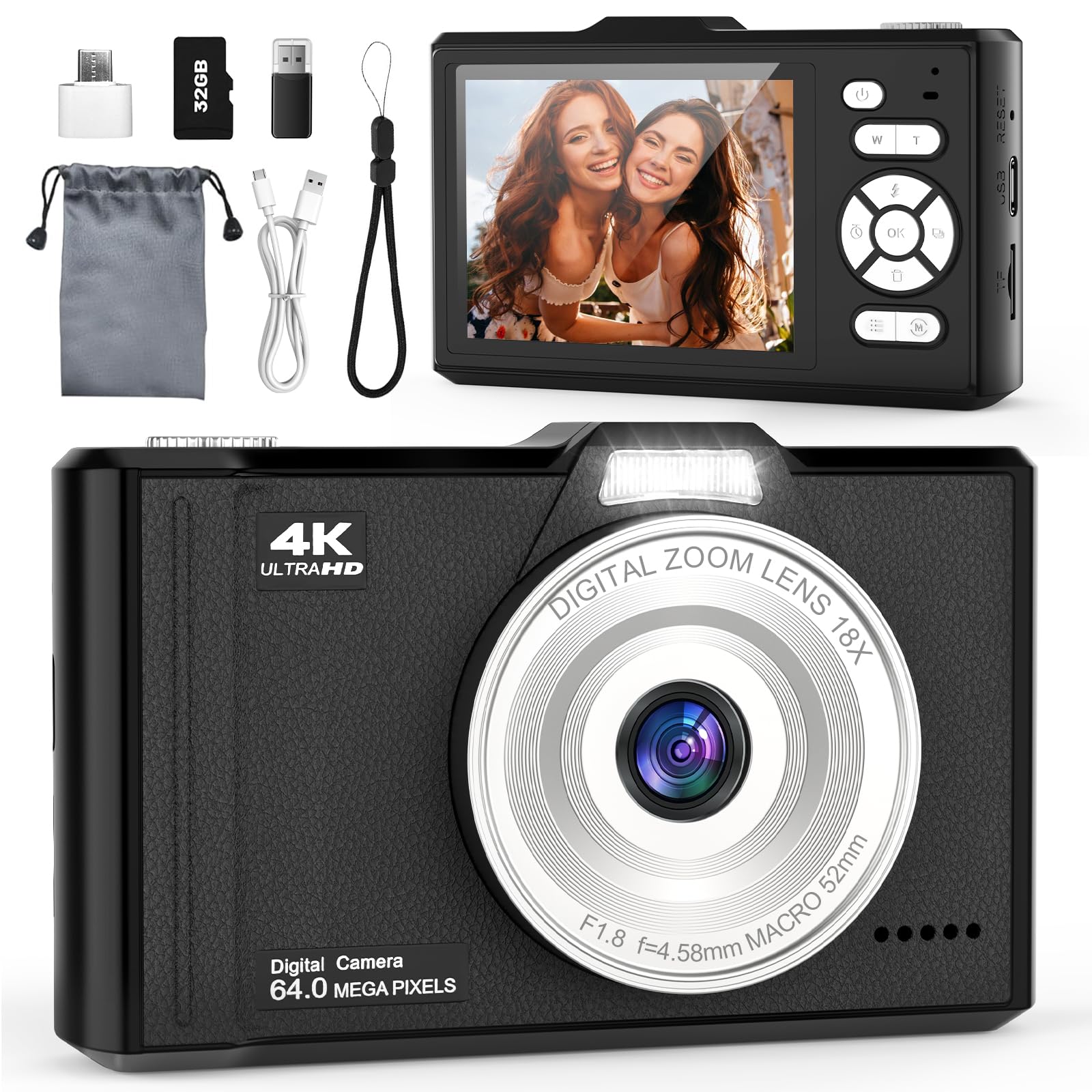 Digital Camera 4K 64MP Compact Portable Photo Camera,18X Digital Zoom Autofocus