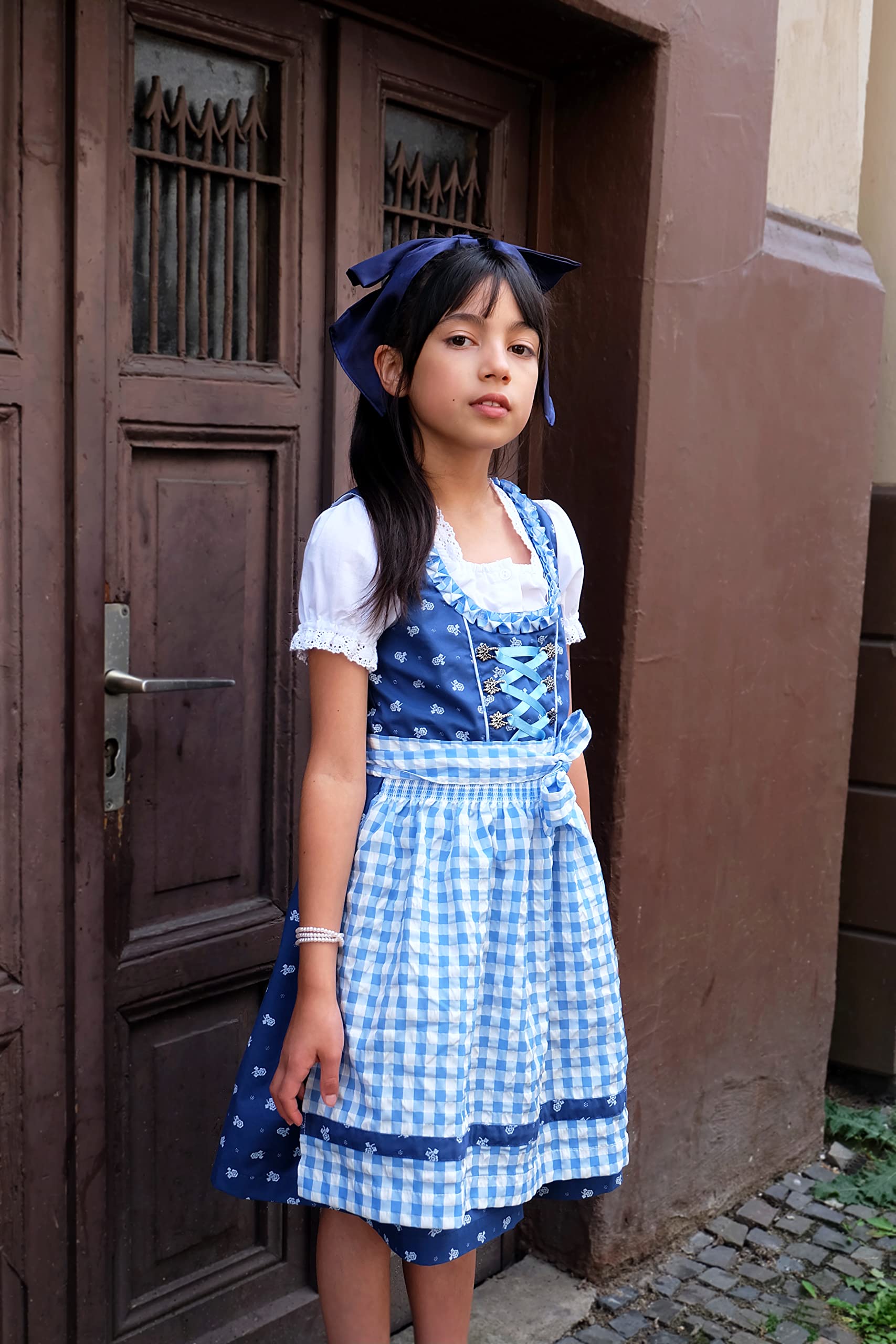 Ramona Lippert® - Dzieci Dirndl dla dziewczynek - dirndl dziecięcy Chrissi niebieski - 3-częściowa sukienka ludowa - moda ludowa - ludowa sukienka z fartuchem..