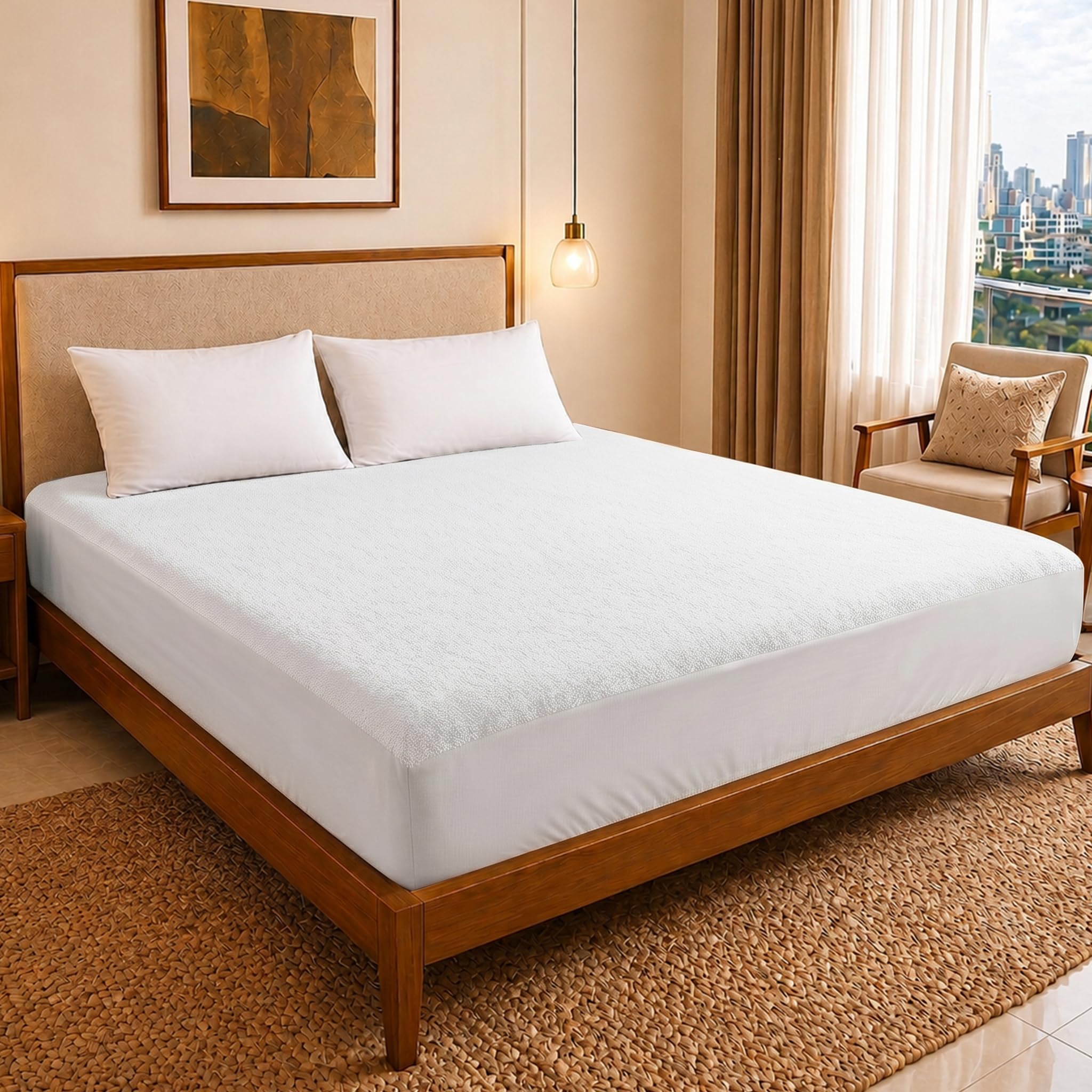 DREAM CARE Water Proof Terry Cloth Fitted Mattress Protector 75x72 Inch for Double Bed King Size with Elastic Strap Ultra Soft Mattress Cover Hypoallergenic Bed Cover (Off White)-image-41