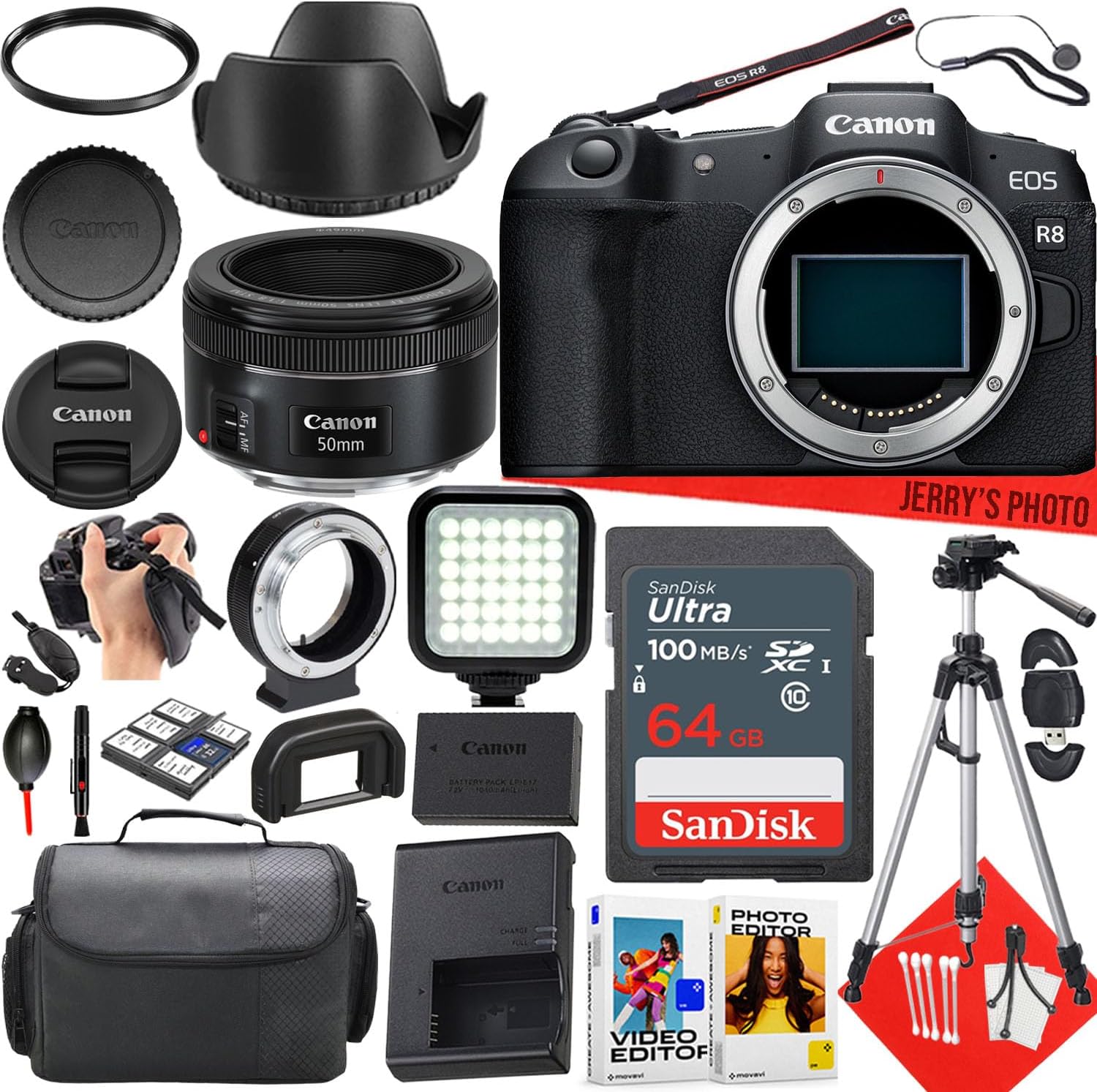 Canon EOS R8 Mirrorless Camera with Canon EF 50mm f/1.8 STM Lens + 64 GB Memory + LED Light + Camera Case + Mount Adapter for Canon R + More (25pc Bundle) (Renewed)