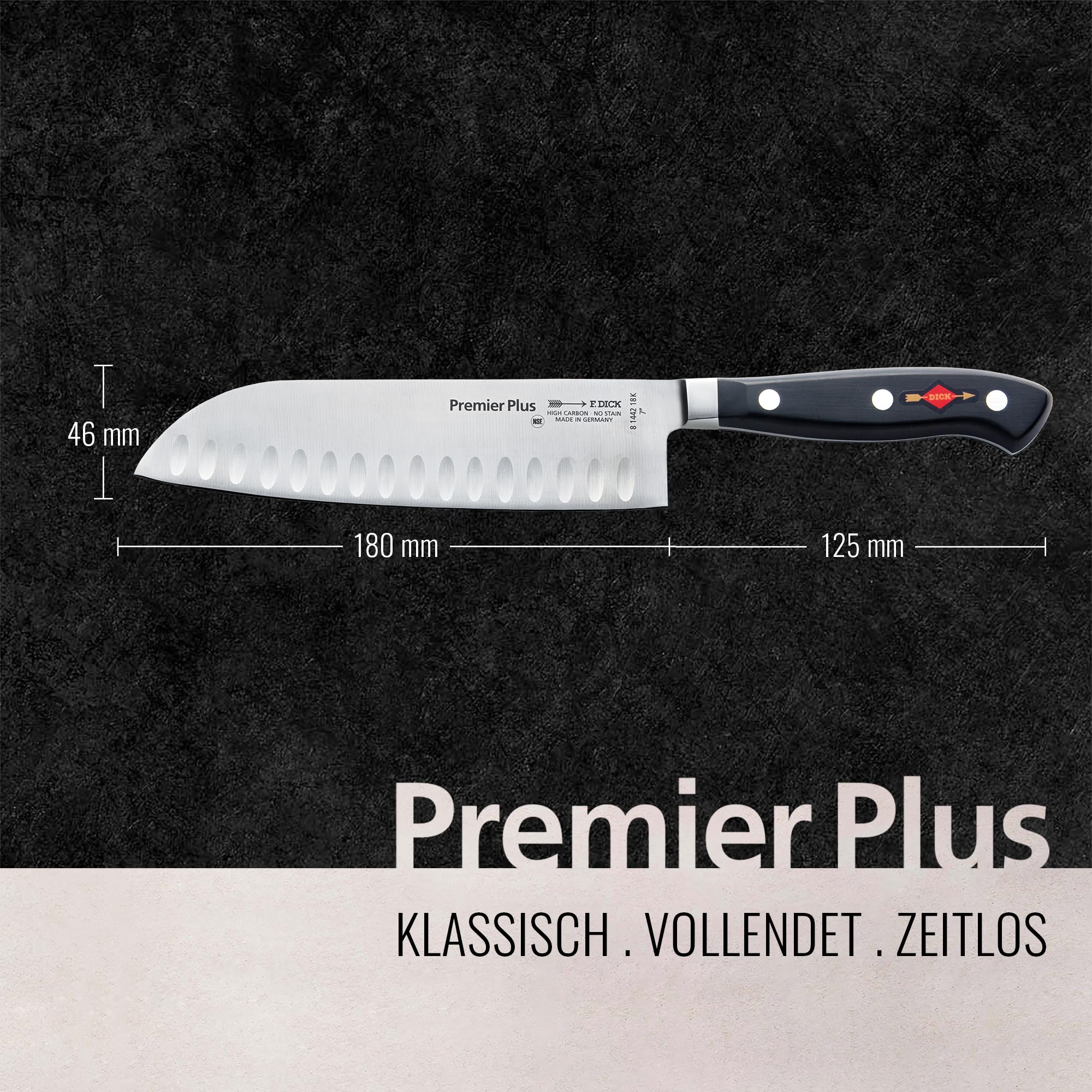 F. Dick Santoku, Küchenmesser, Premier Plus (Messer mit Klinge 18 cm, X50CrMoV15 Stahl, nichtrostend, 56° HRC) 8144218K