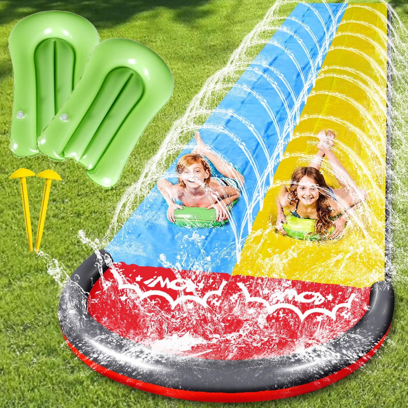 CHANCCI Water Slides 15.7ft/480cm, Water Slide Mat With 2 Inflatable Boards