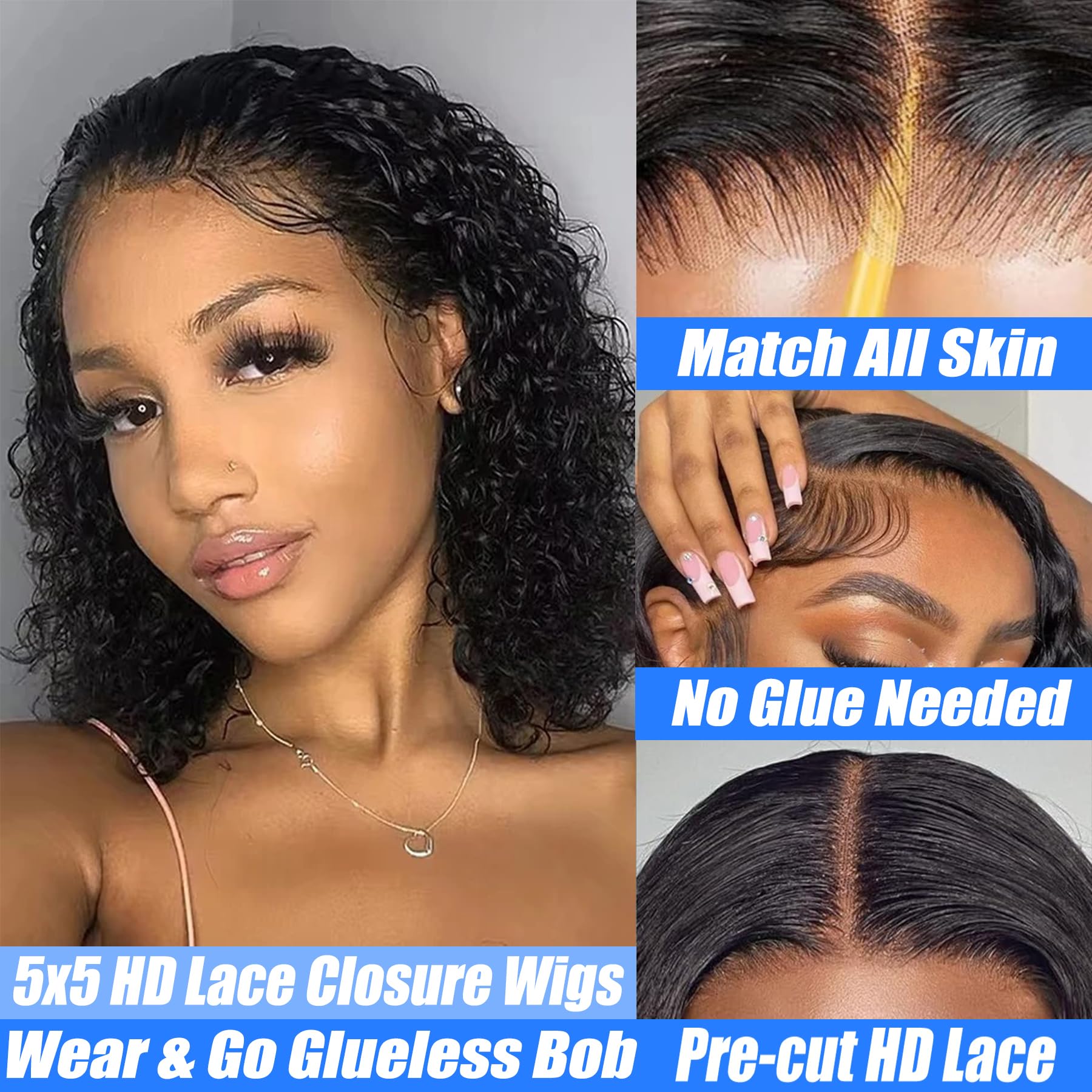Wear and Go Parrucca Bob Capelli umani Onda profonda Parrucche senza colla Capelli umani Pre pizzicati Pre Tagliati 5x5 HD Chiusura in pizzo Parrucche ricci per donne nere Pizzo Frontale