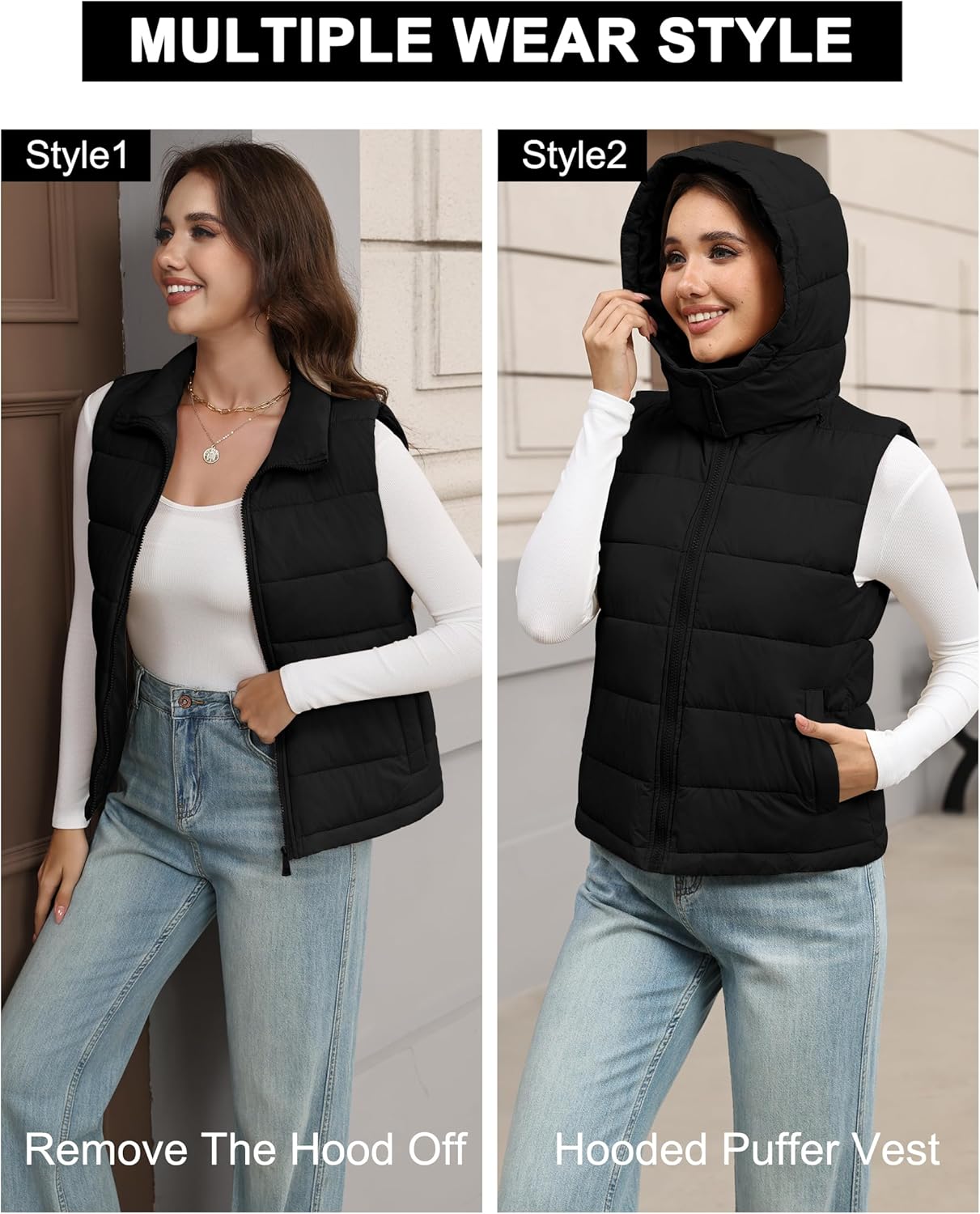 Women's Puffer Vest Detachable Hooded Stand Collar Zip Up Puffy Quilted Vests Outerwear With Pockets Fall Winter - Image 5