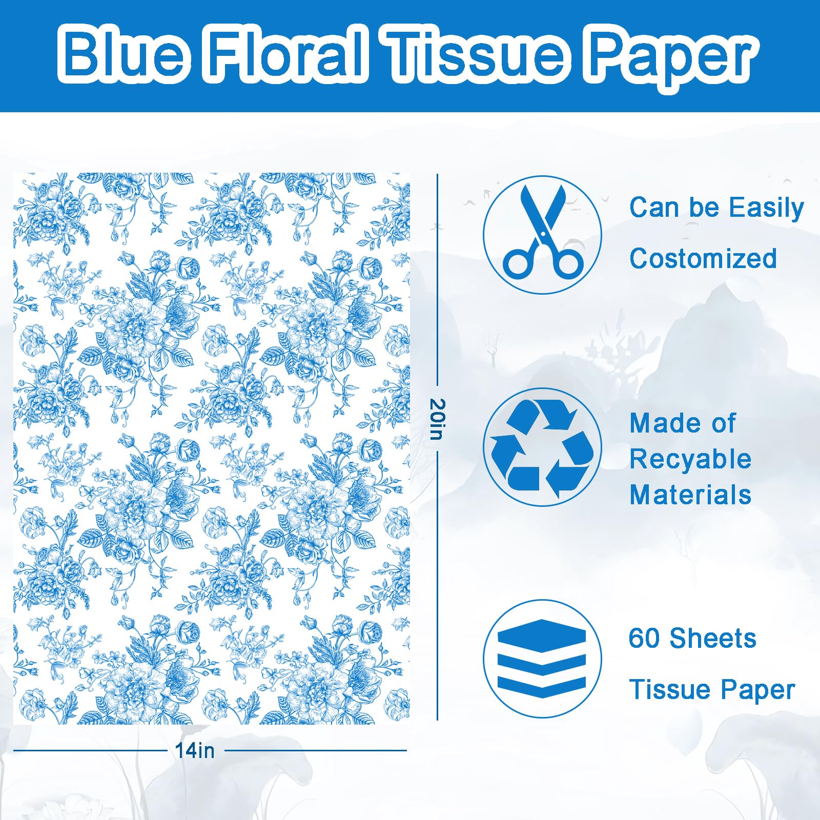 60 Sheet Blue Floral Tissue Paper, 20x14 inch Chinoiserie Gift Wrapping Tissue Paper for Birthday Wedding Baby Shower Party Supplies