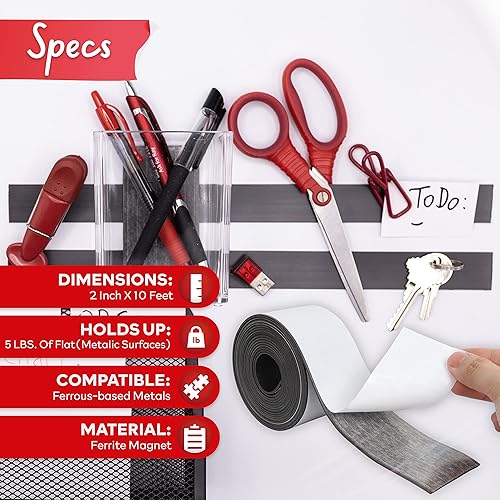 Miniatura 2 de XFasten Cinta magnética fuerte para pizarra blanca, tiras de cinta magnética de 2 pulgadas x 10 pies con respaldo adhesivo, cinta magnética