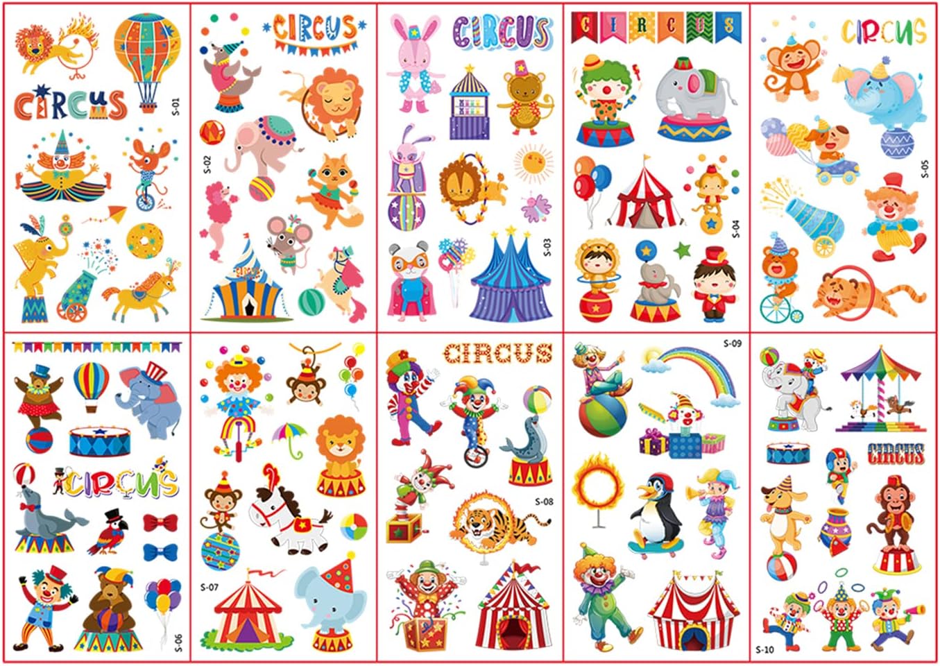 10 Sheets Funny Kids' Circus Tattoos - Waterproof Fake Tattoos, Animal Tattoo Stickers for Children's Party Bag Fillers & Pass The Parcel Gifts