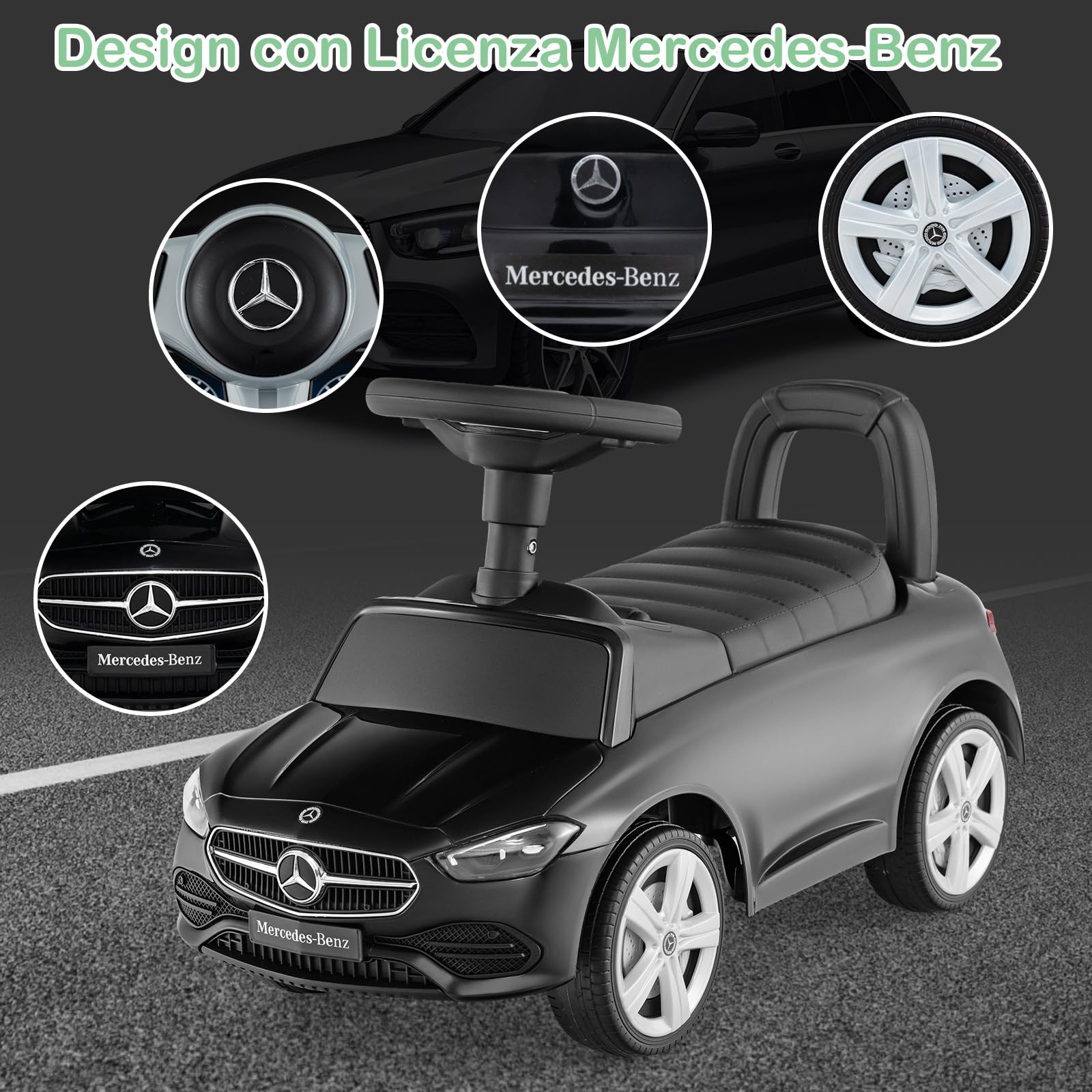 COSTWAY Mercedes Benz Macchinina Cavalcabile a Spinta per Bambini, Auto da Gioco con Volante Clacson e Suono, Spazio di Archiviazione, Auto a Spinta per bambini 1-3 Anni (Nero)