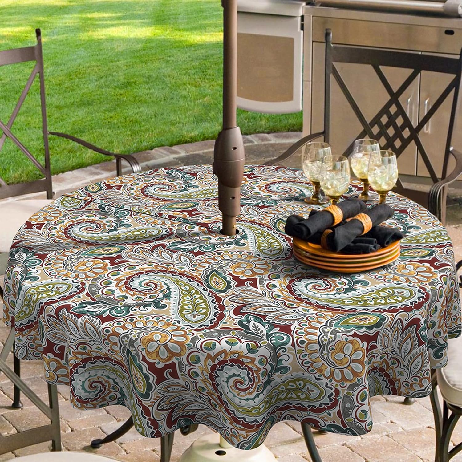 Outdoor Rectangle Tablecloth, 60×84 Inch Water Repellent Picnic Table Cover with Umbrella Hole Zipper for Patio Family Meal , Pebble Blue