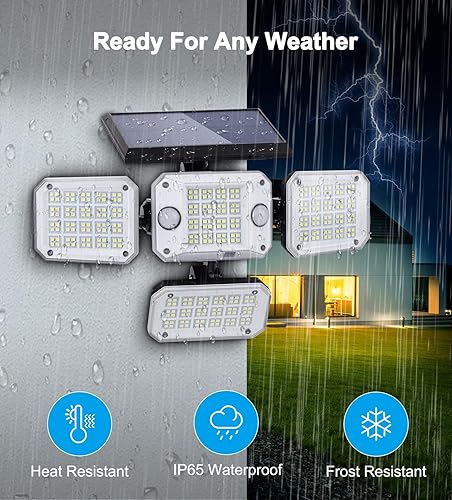 Miniatura 8 de Luces solares para exteriores, 3500 lm, 296 LED, 7000 K, luces de inundación con sensor de movimiento doble, 4 cabezales IP65, luces de seguridad