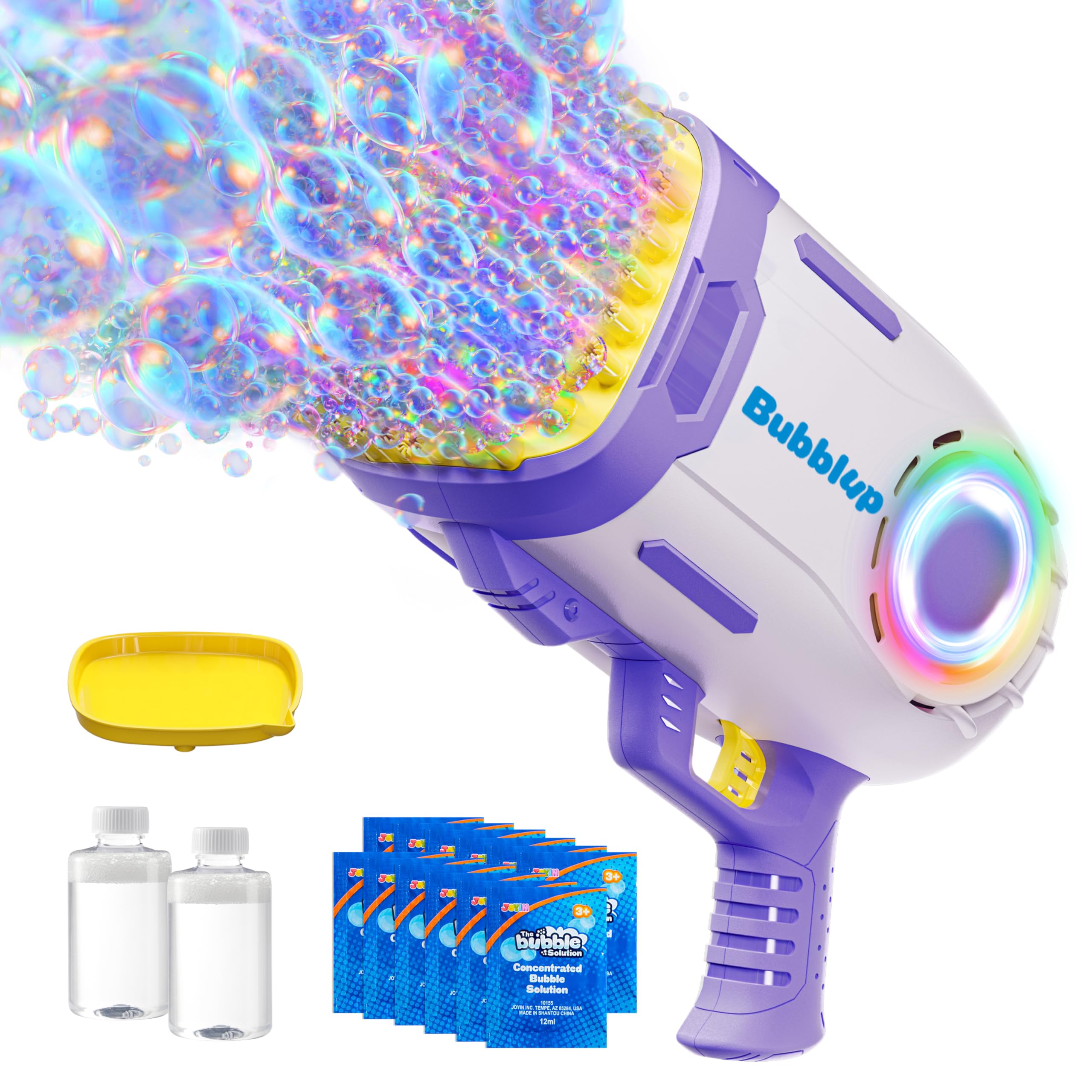 Play-Act 69 Holes Bubble Machine Guns Toys, Bazooka Rocket Shape Bubble Gun for Kids Adults, Colored Lights Blaster Blower with Solution Outdoor,