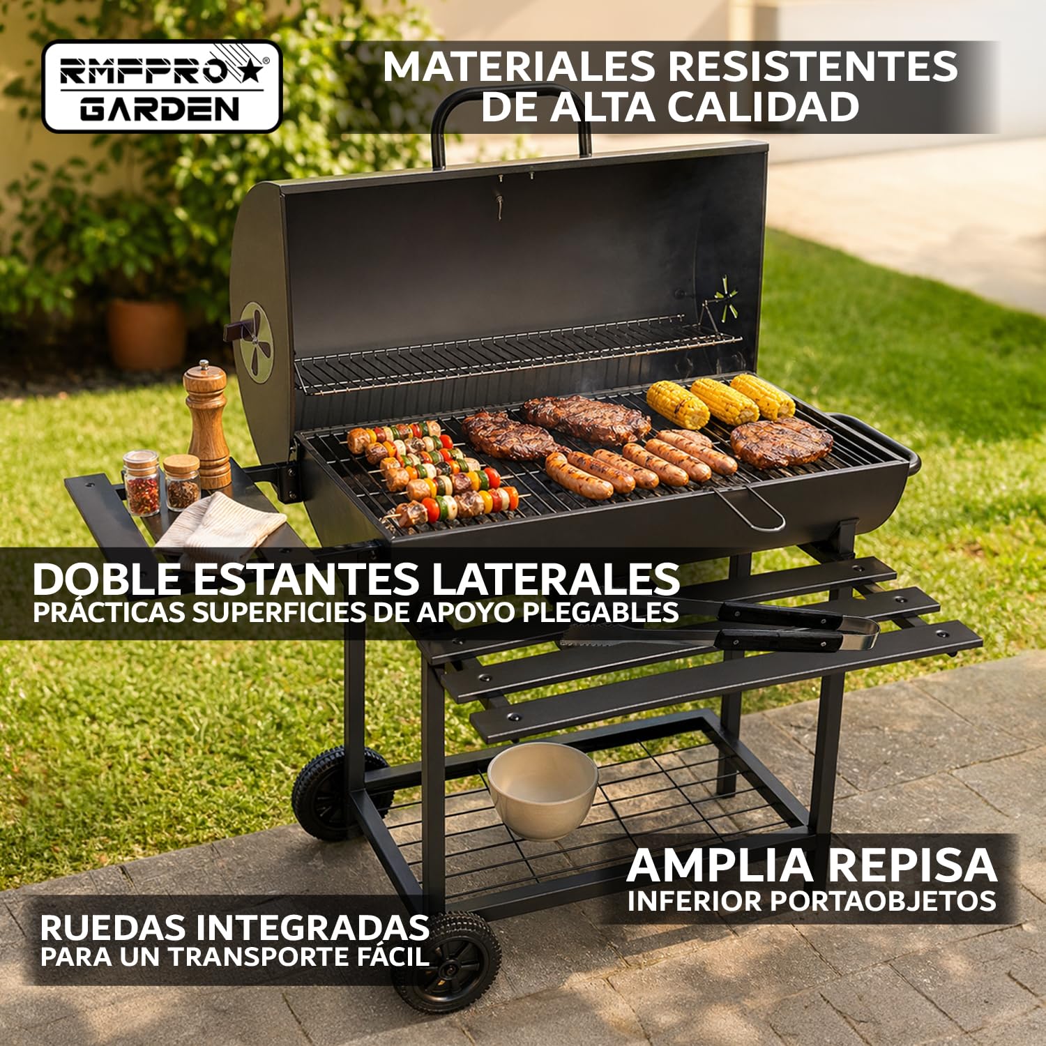 RMF Barbacoa de Carbón con Parrilla XL con Termómetro Integrado - Kit de Accesorios y Funda incluidos, Carrito de Acero Resistente con Ruedas, Estantes Laterales Plegables, Cenicero Extraíble