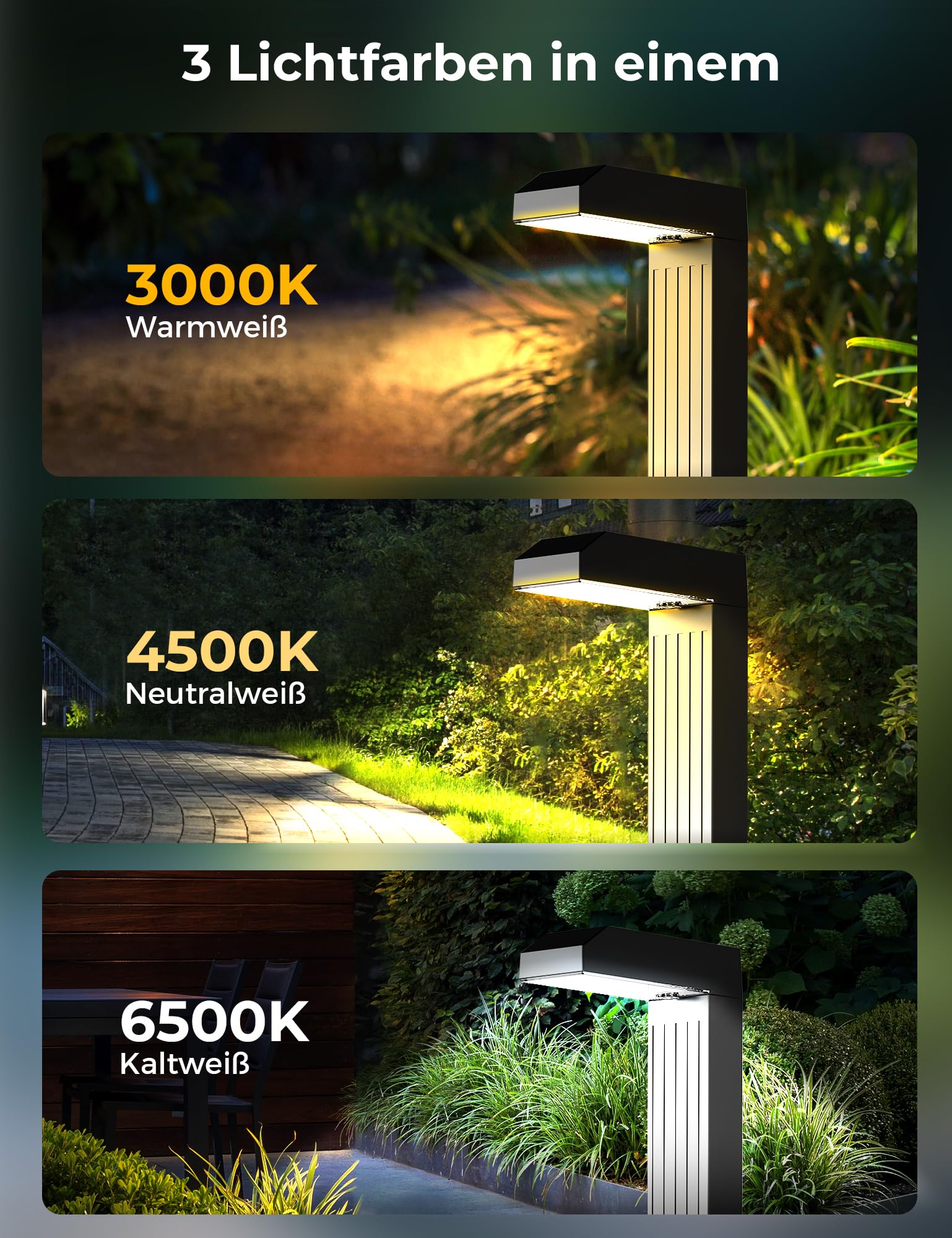 Solarlampen für Außen Garten 6er-Set, 3 Farben, 12h+ Laufzeit | 3000K/4500K/6500K wählbar, Gehärtetes Glas, Automatisches Ein-/Aus, 20 LEDs, IP65 Wasserdicht für Wege, Höfe, Terrassen