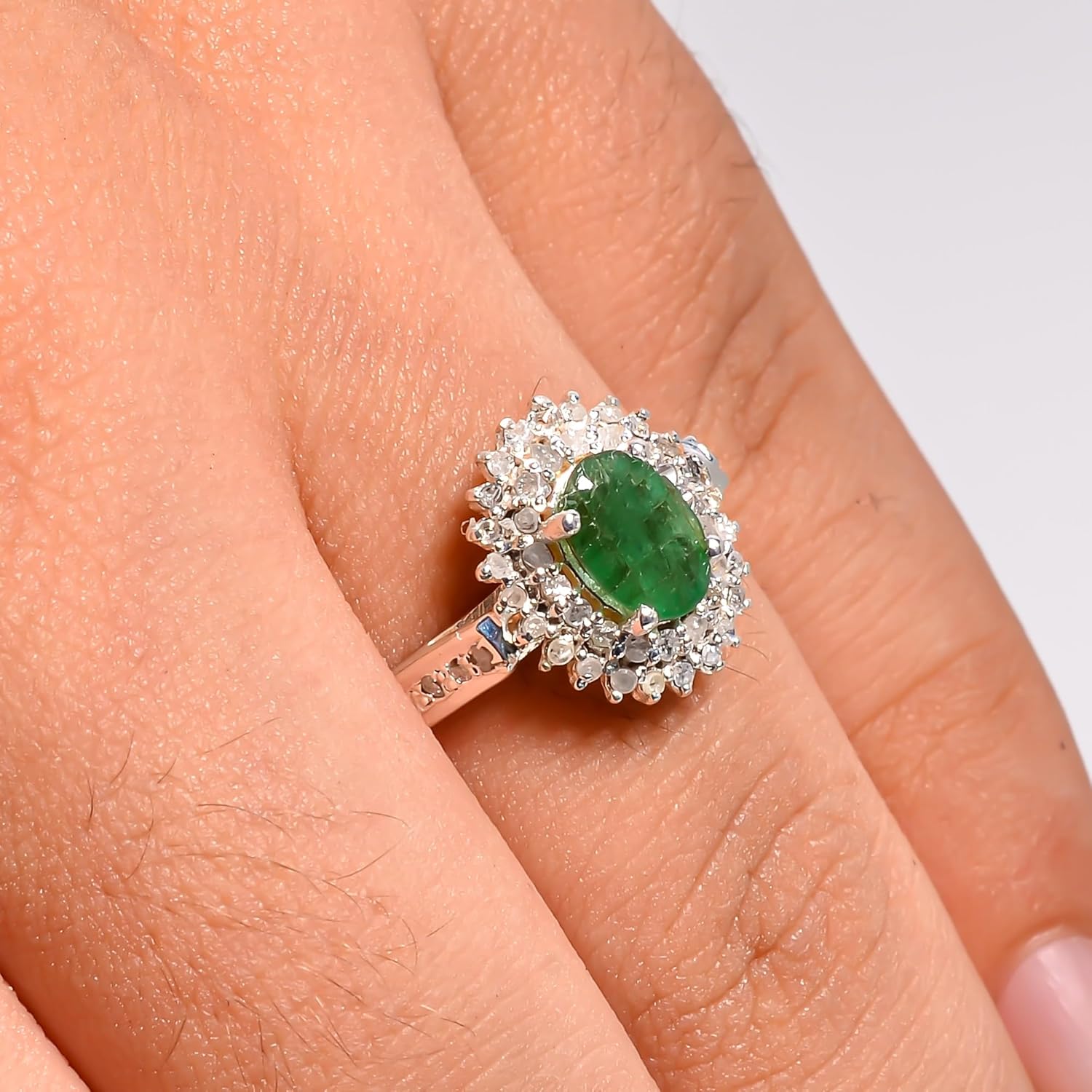 Natural Emerald Ring with Rose-Cut Diamond Accents in 925 Sterling Silver – Elegant Women’s Jewelry for Daily Wear | Sizes 4 to 16 US