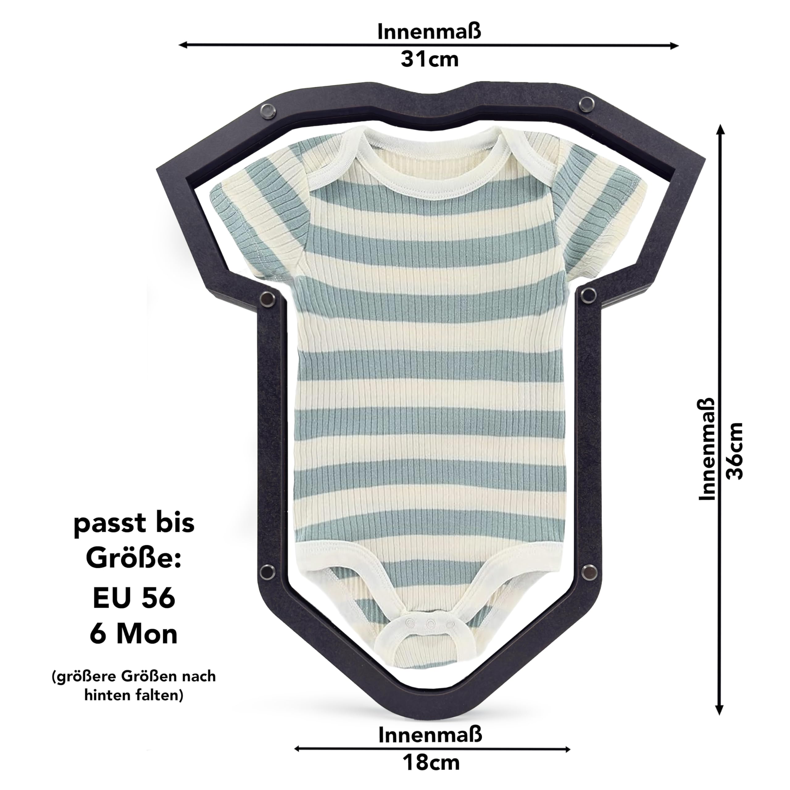 ShapeFrame Cadre photo pour body de bébé - Cadre en bois avec joint d'ombrage 3D et contours découpés - Cadre élégant pour premiers vêtements - Cadre souvenir durable avec support