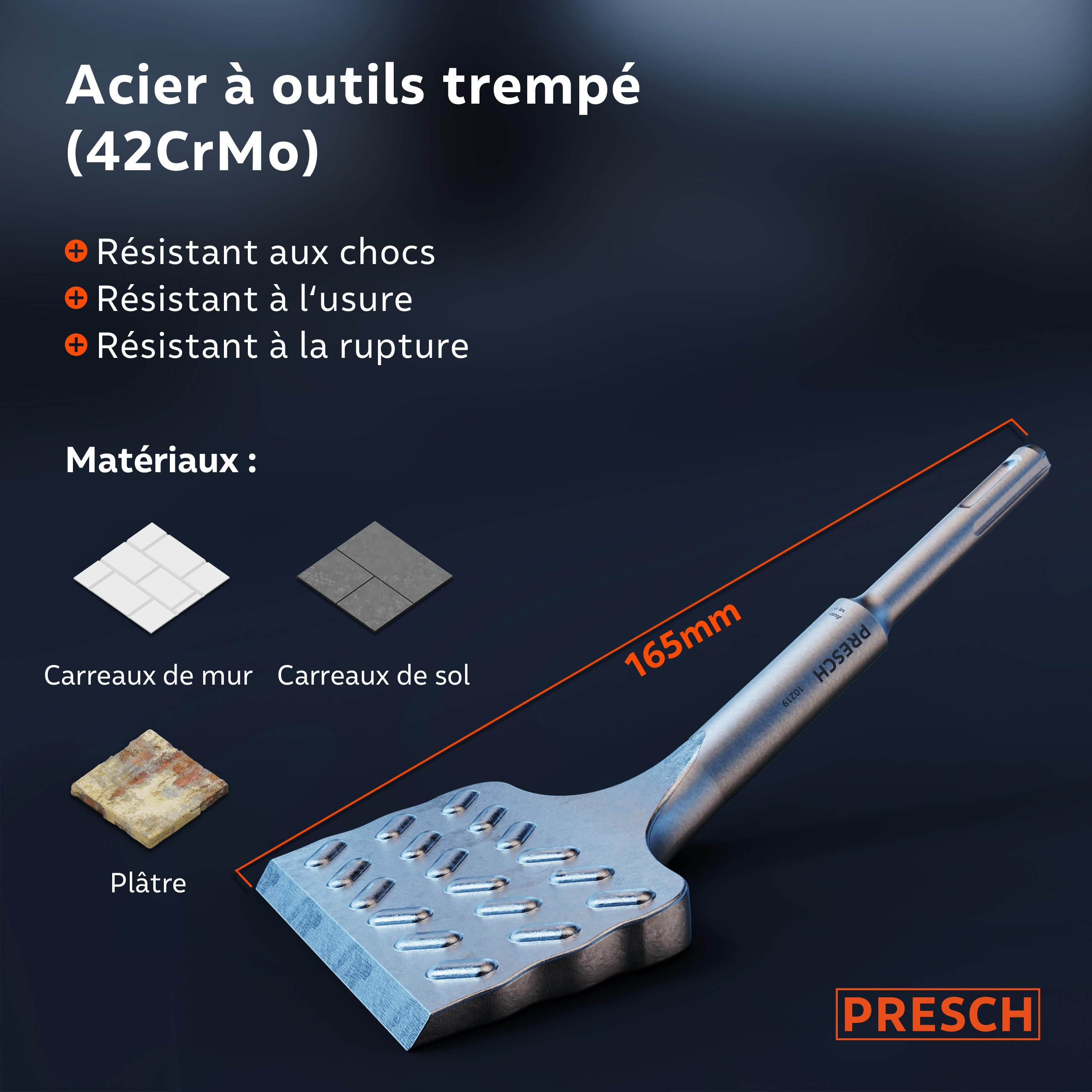 PRESCH SDS plus Burin à carrelage - Extra large (75mm) - Extrêmement durable - Coudé pour faciliter l'enlèvement des carreaux (longueur 165 mm) - En acier haute performance