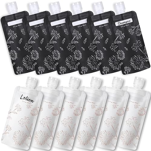 PACKISM Contenedores de viaje para líquidos, paquete de 12 bolsas de viaje líquidas a prueba de fugas, 3 onzas, aprobadas por la TSA, de pie, diseño