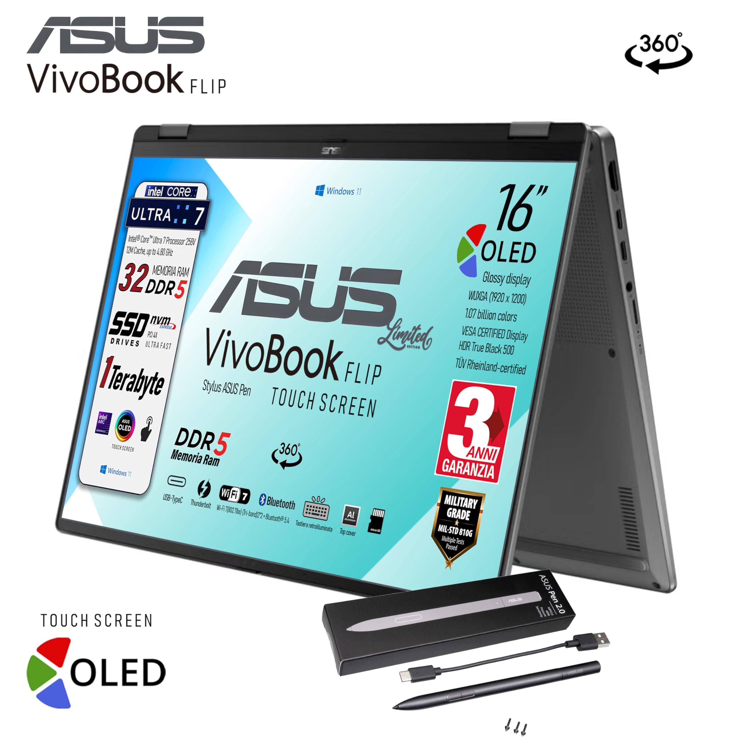 ASUS Vivobook 16 FLIP, Intel® Core™ Ultra 7 258V, Intel Arc Pro, Display OLED Touchscreen 16" WUXGA FHD+, DDR5 32Gb, SSD 1Tb, Win 11, Wi-Fi 7, bt 5.4, tastiera retroilluminata, Pen, Gar 3 Anni - 3