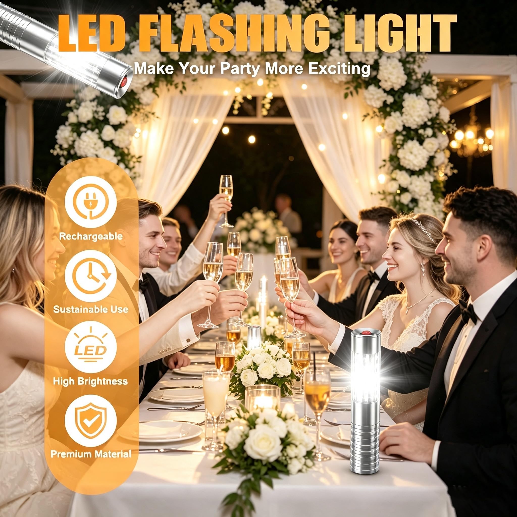 LED-Stroboskop-Lampe für Flaschendienst, wiederaufladbares Licht, Handlicht, fluoreszierende LED-Lampe für Disco, Karaoke, Hochzeit, Party, Aktivitätsbedarf (4, Silber)