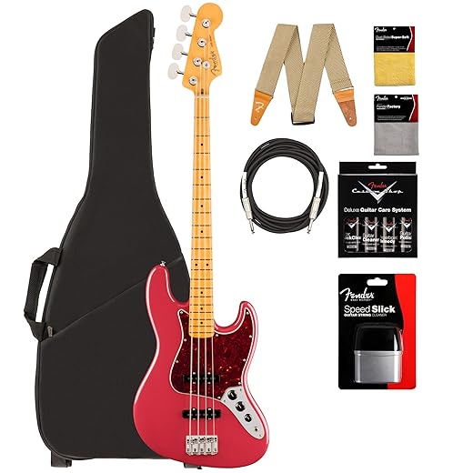 Fender American Professional Classic Jazz Bass - Faded Dakota Red Bundle with Gig Bag, Strap, Cable, and Guitar Cleaning Kit