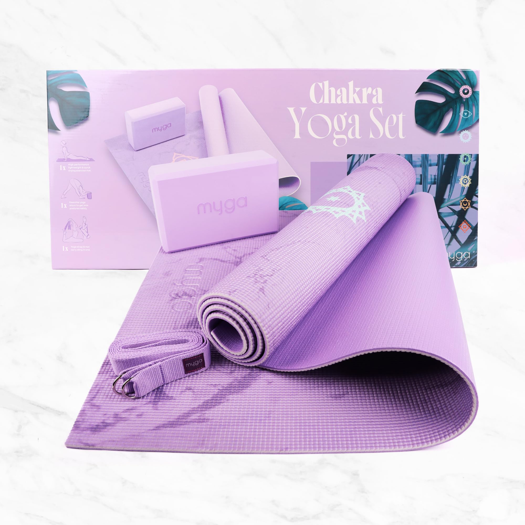 Myga Yoga Starter Kit | Komplettes Set mit Yogamatte, Yogablock & Gurt | rutschfest & Unterstützend | Ideal für Anfänger & Zuhause sowie Reisen | Unterschiedliche Druck Designs