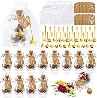12 Set Tea Party Favors Glass Tea Jar Teaspoon Organza Bag Gift Tag Rope Wedding Gifts for Guests Wedding Party Favors (Dried Flower Included)