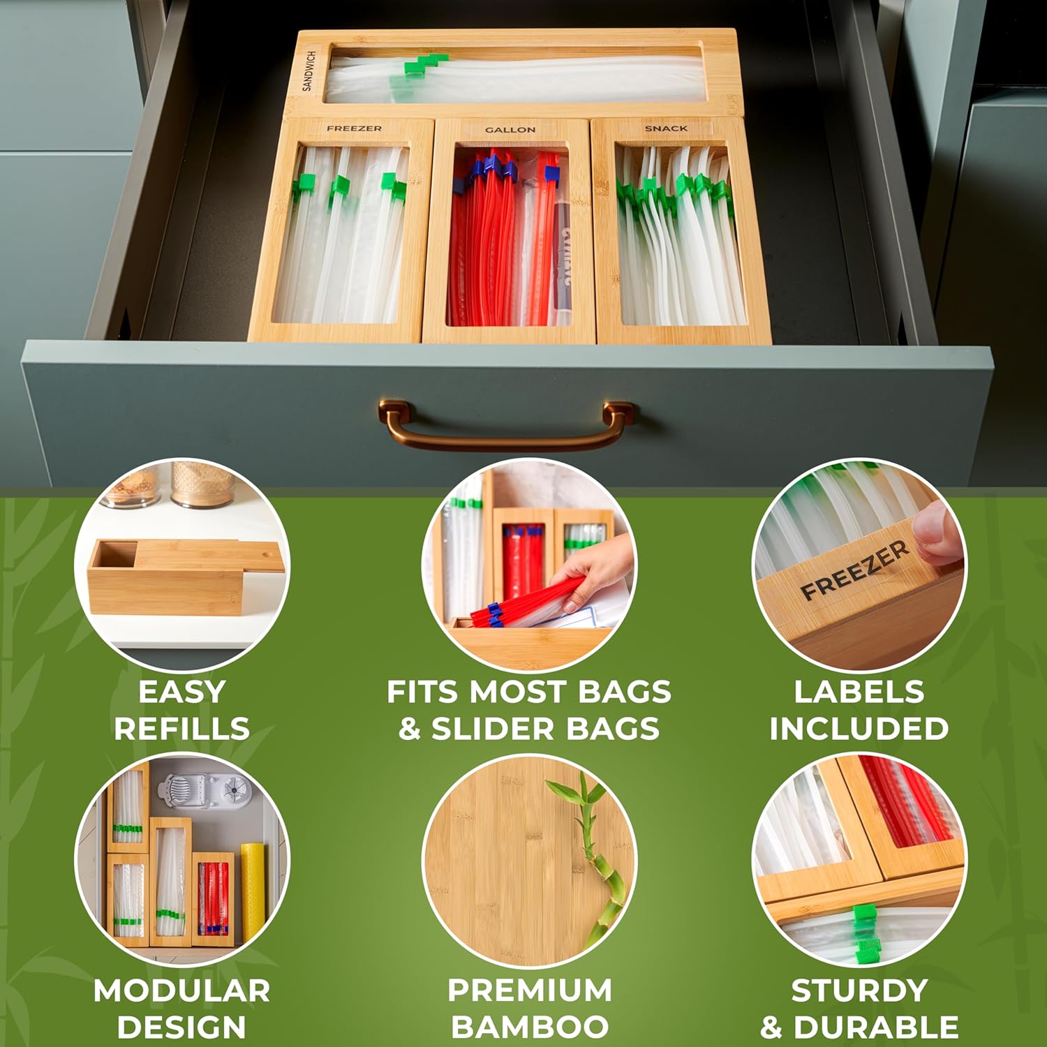 Storage Bag Organizer, Bamboo Baggie Organizer for Drawer, 4 Modular Blocks for Kitchen Organization, Plastic Bag Storage Organizer, Quick Refill - Fits Gallon, Quart, Sandwich, Snack Size Bags - Image 4