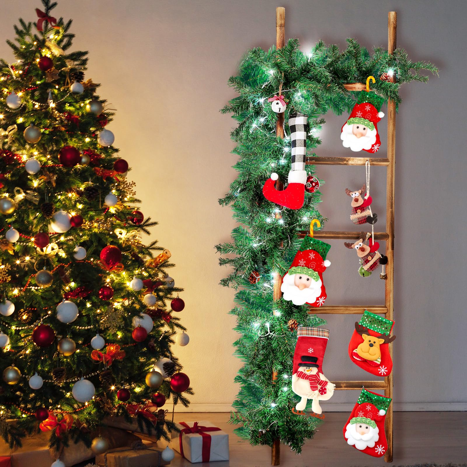 Tigeen 3 Pack Lighted Christmas Stocking Holder Sets for Wall 10 Hook Wooden Christmas for sale