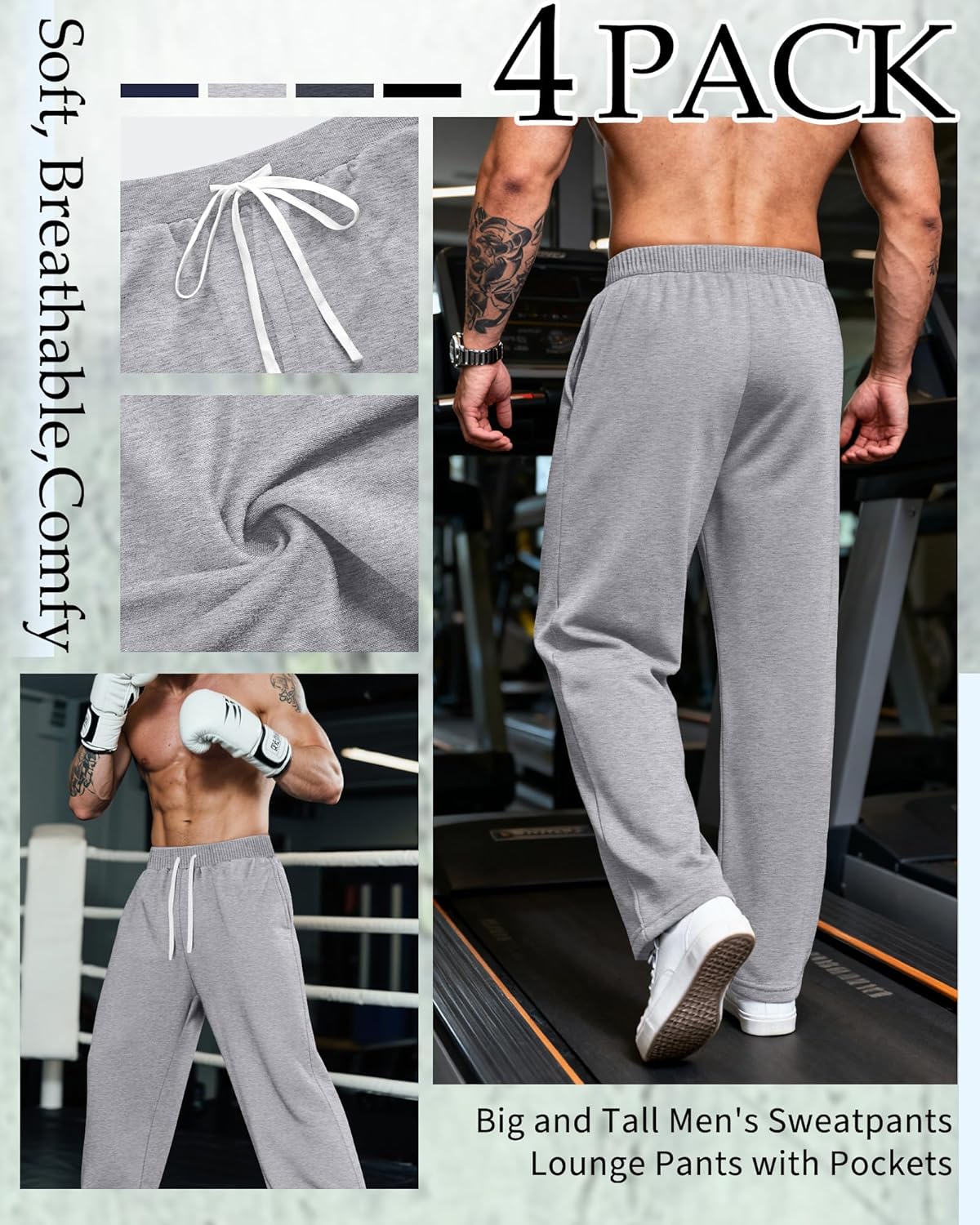 4 Pack Big and Tall Men's Sweatpants Open Bottom Joggers Elastic Waist Drawstring with Pockets Athletic Pants - Image 5
