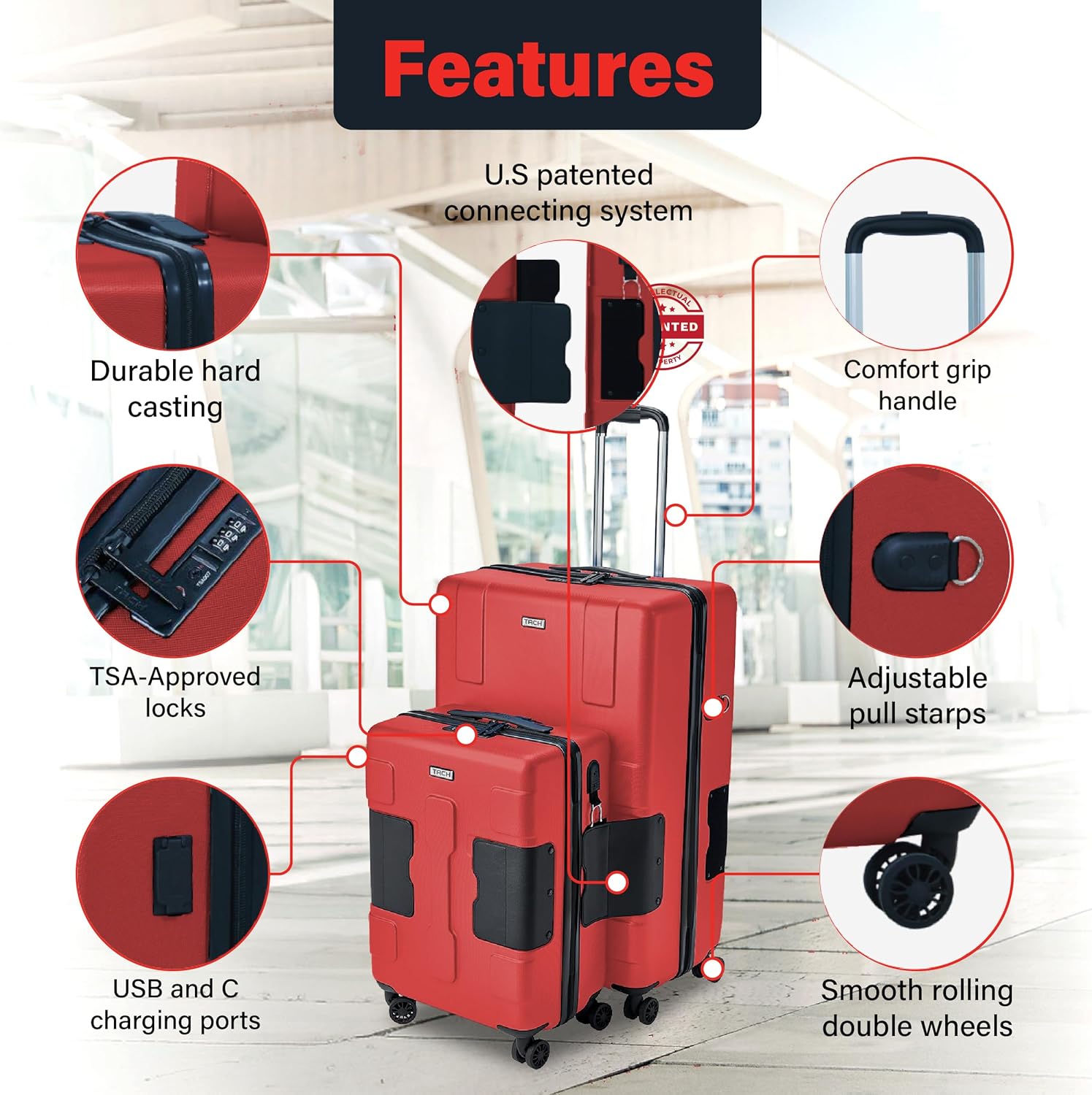 TACH Patented Connecting Hard Shell 2 Piece Luggage Set - 20 & 28 inch Luggage | Large & Carry-On Rolling Suitcases - Wine Red